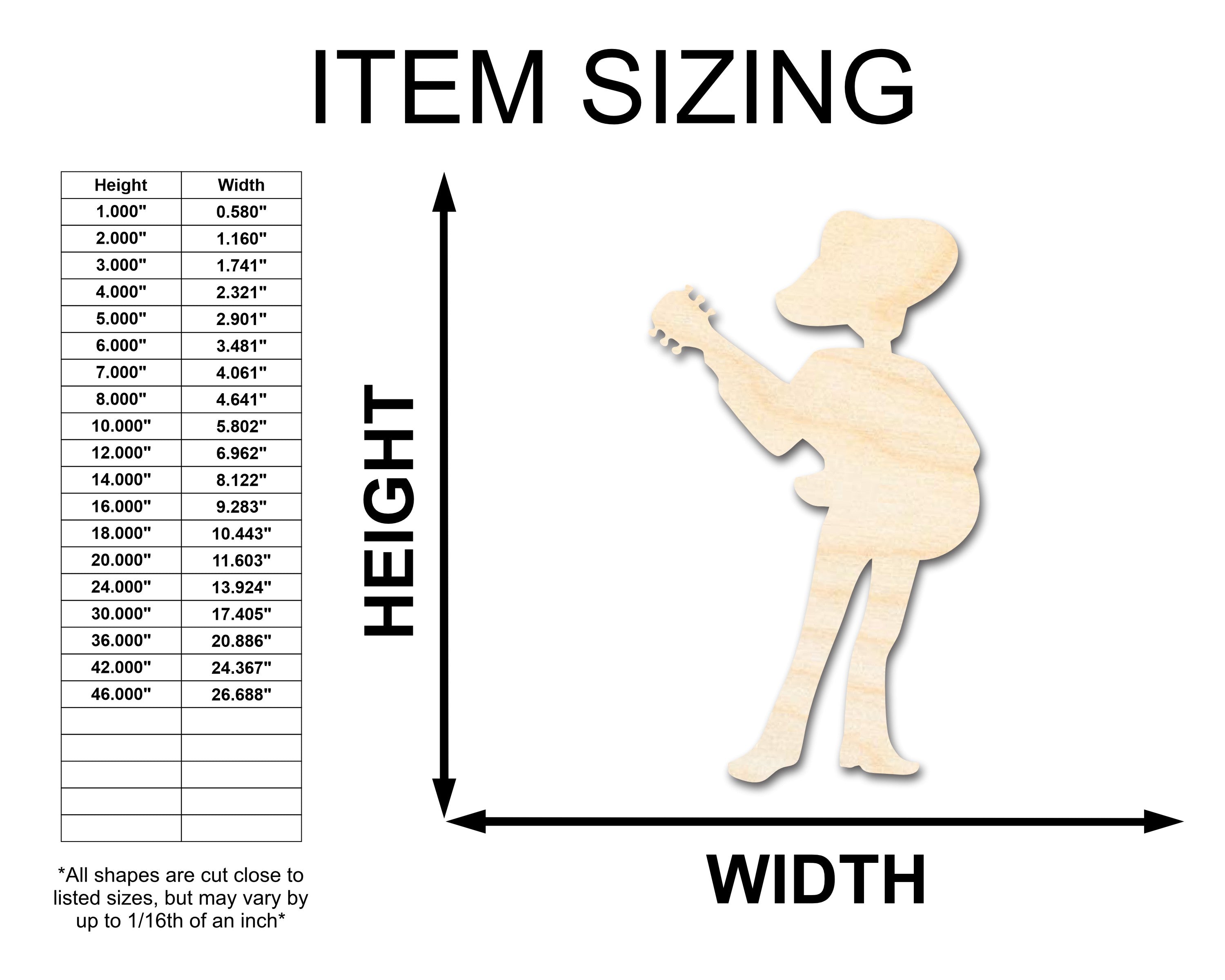 Unfinished Baltic Birch Wood Mariachi Guitar Player Shape Craft Item - Sizes up to 46 Inches