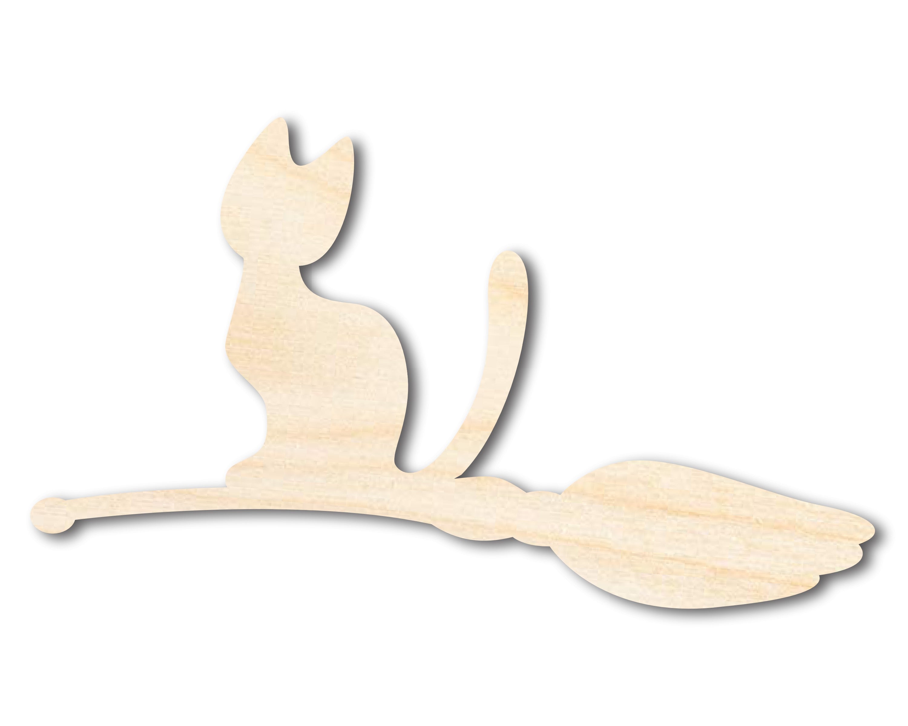Unfinished Baltic Birch Wood Cat in Broom Shape - Ideal DIY Halloween Cat Craft Cutout with Up to 46 Different Sizes for Customization