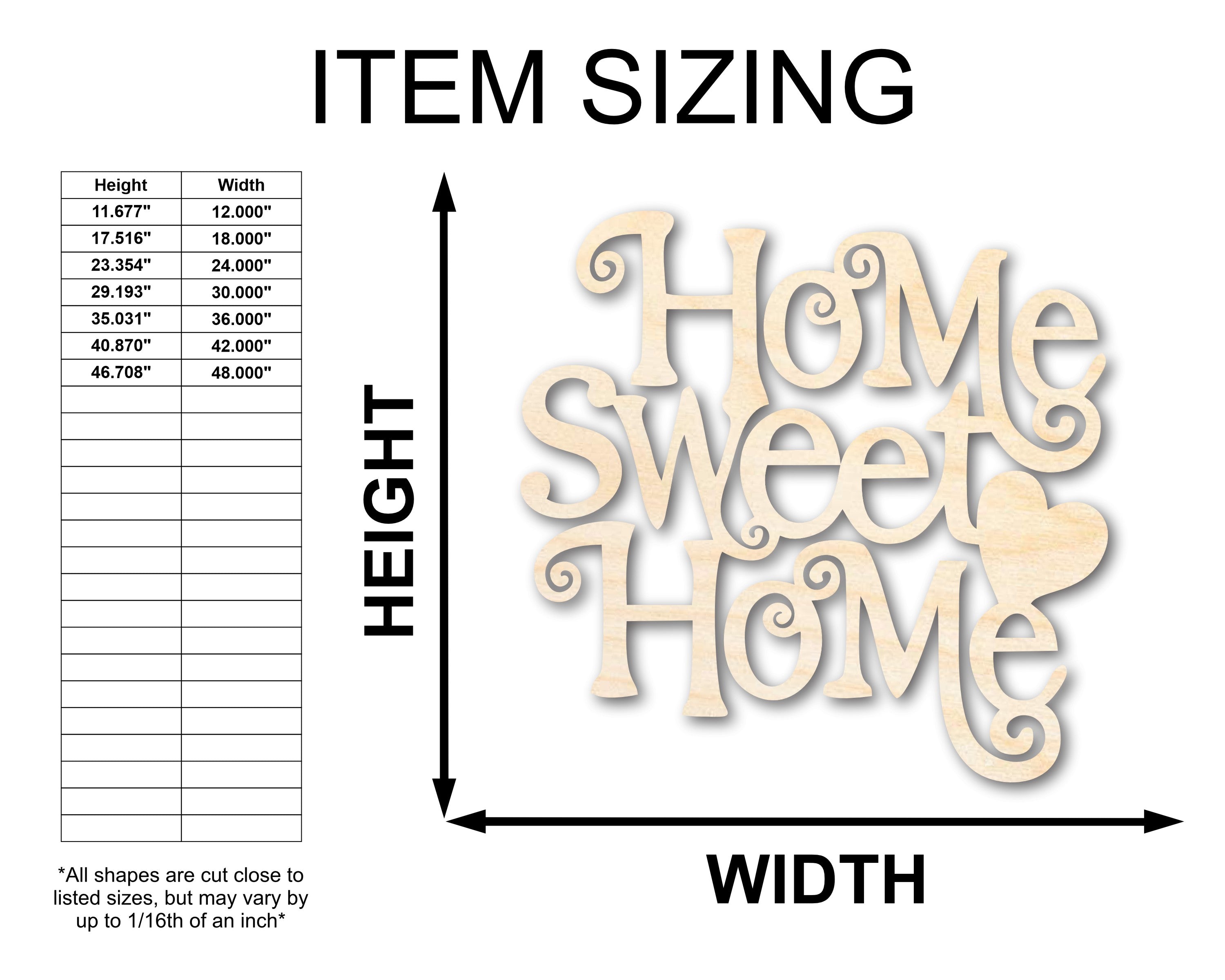 Unfinished Sanded Baltic Birch Wood 'Home Sweet Home' Shape - Up to 36 Inches