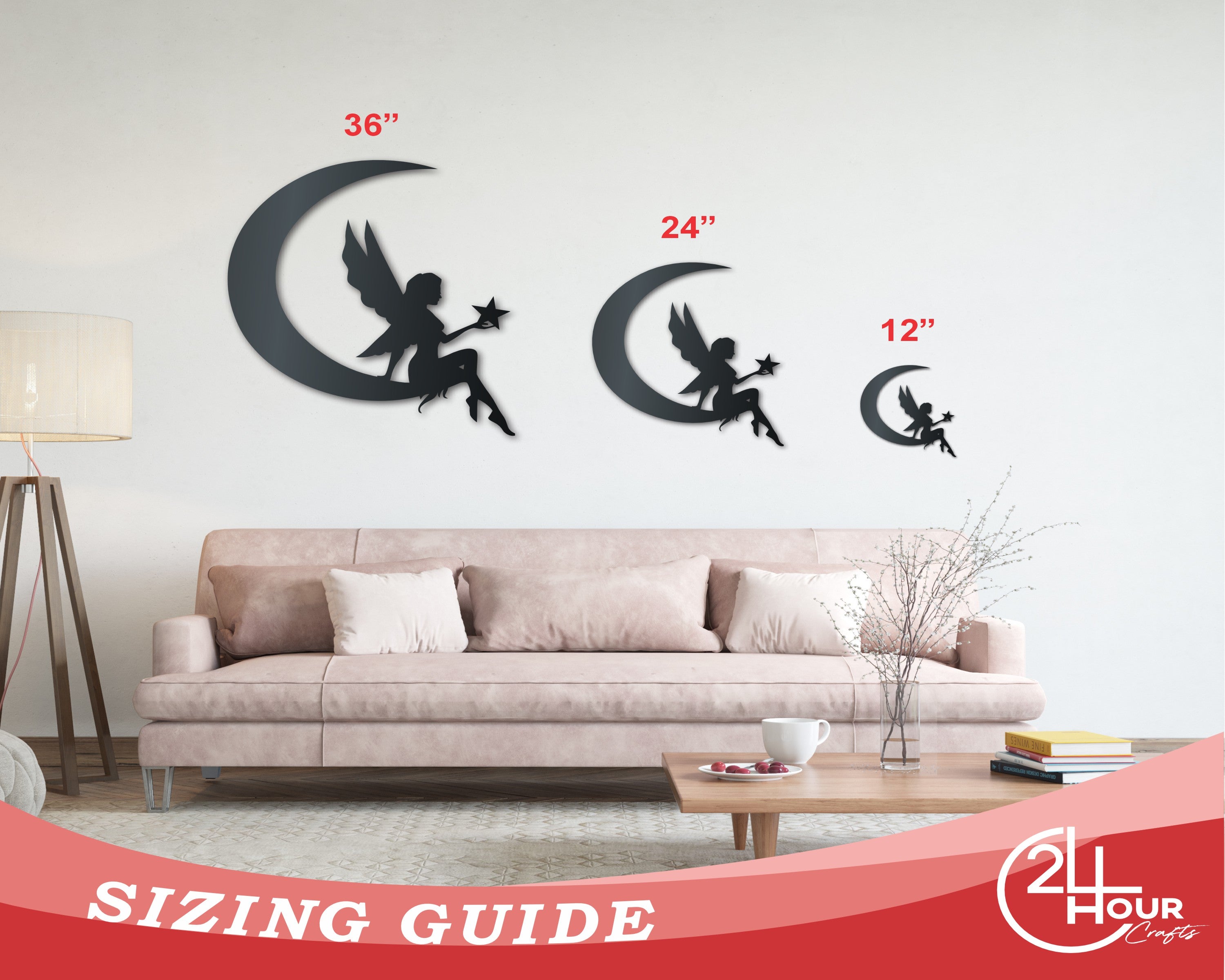 Decorative Metal Crescent Fairy Wall Art for Both Indoor and Outdoor Use with Up to 46 Sizes and More Than 20 Color Choices