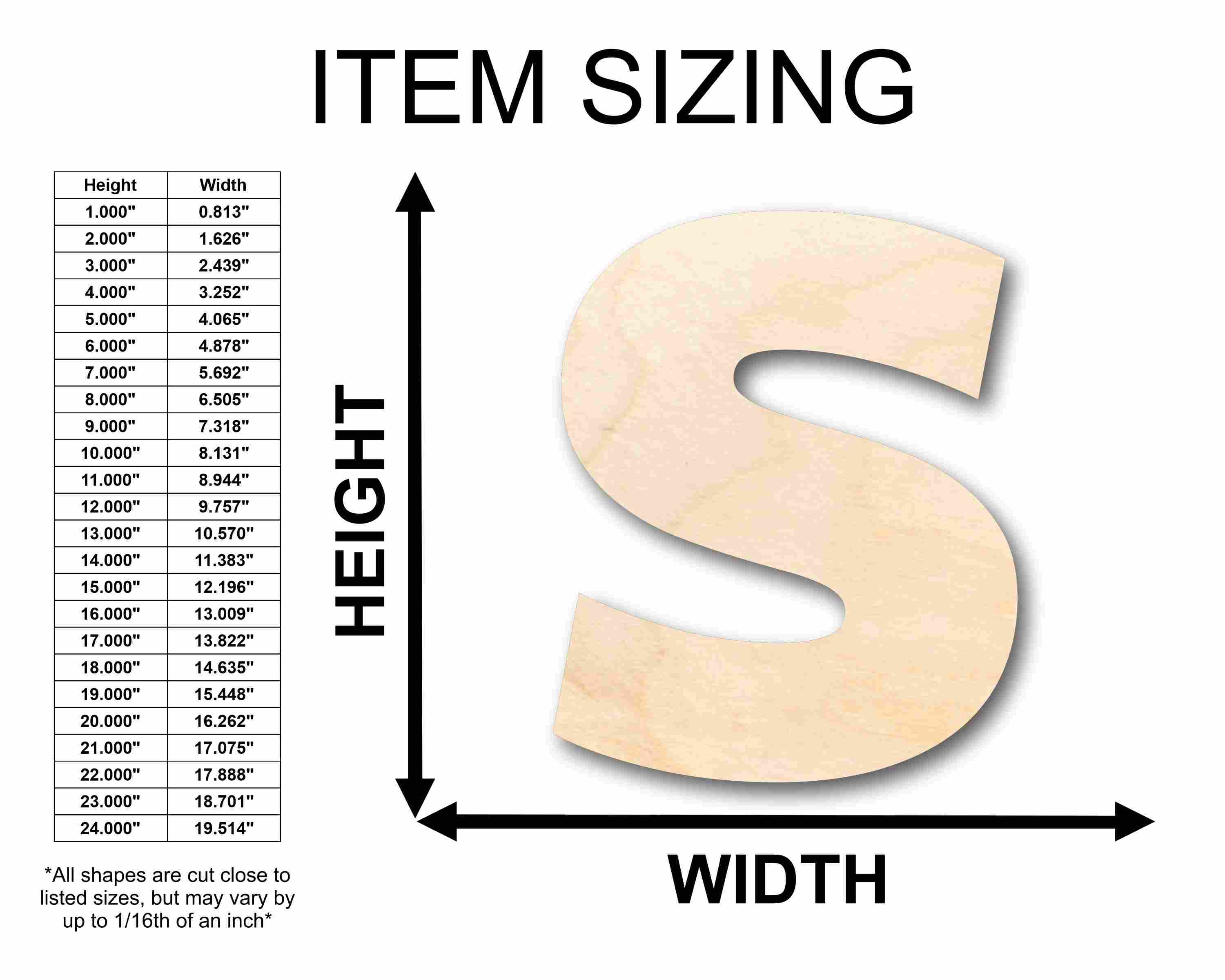 DIY Unfinished Wood Block Letter S for Crafts, Sizes up to 46