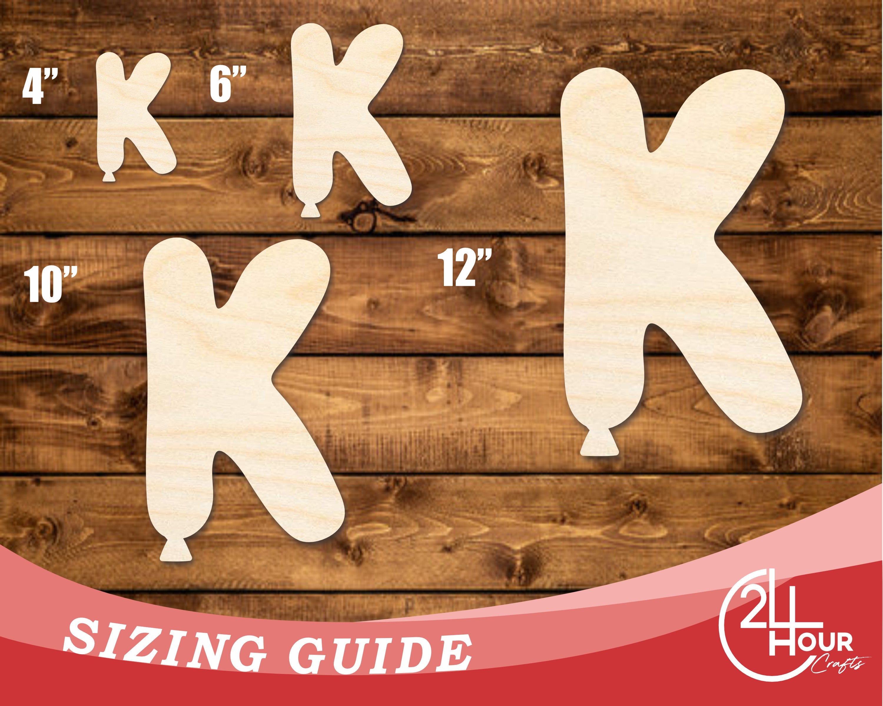 Unfinished Baltic Birch Wood Balloon Letter K Shape DIY Craft Cutout with Up to 46 Sizes for Multiple Crafts