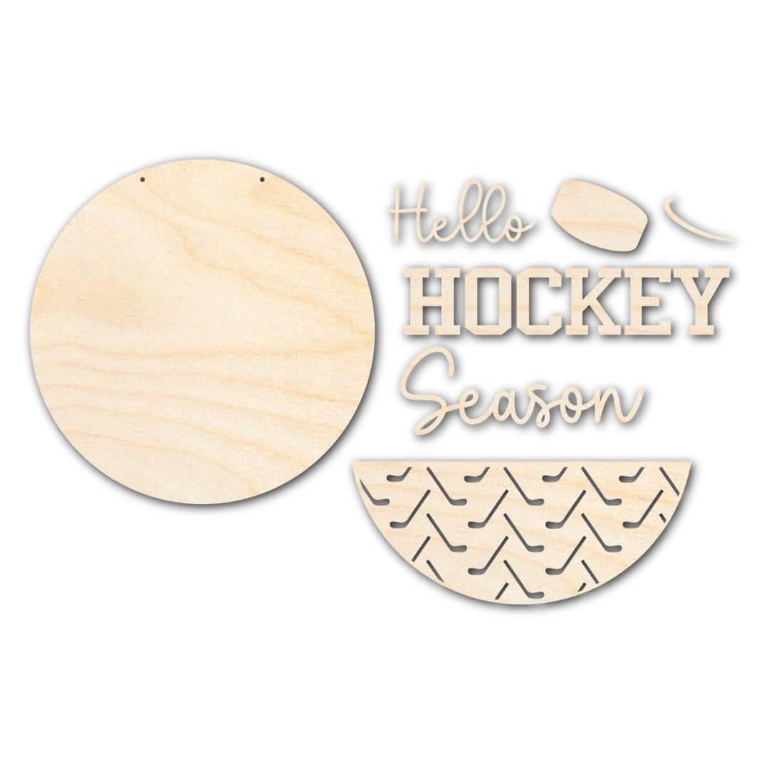 Unfinished 1/4-Inch Thick Wood Hello Hockey Season Door Sign Craft Kit - Ideal for Wood Craft Cutouts