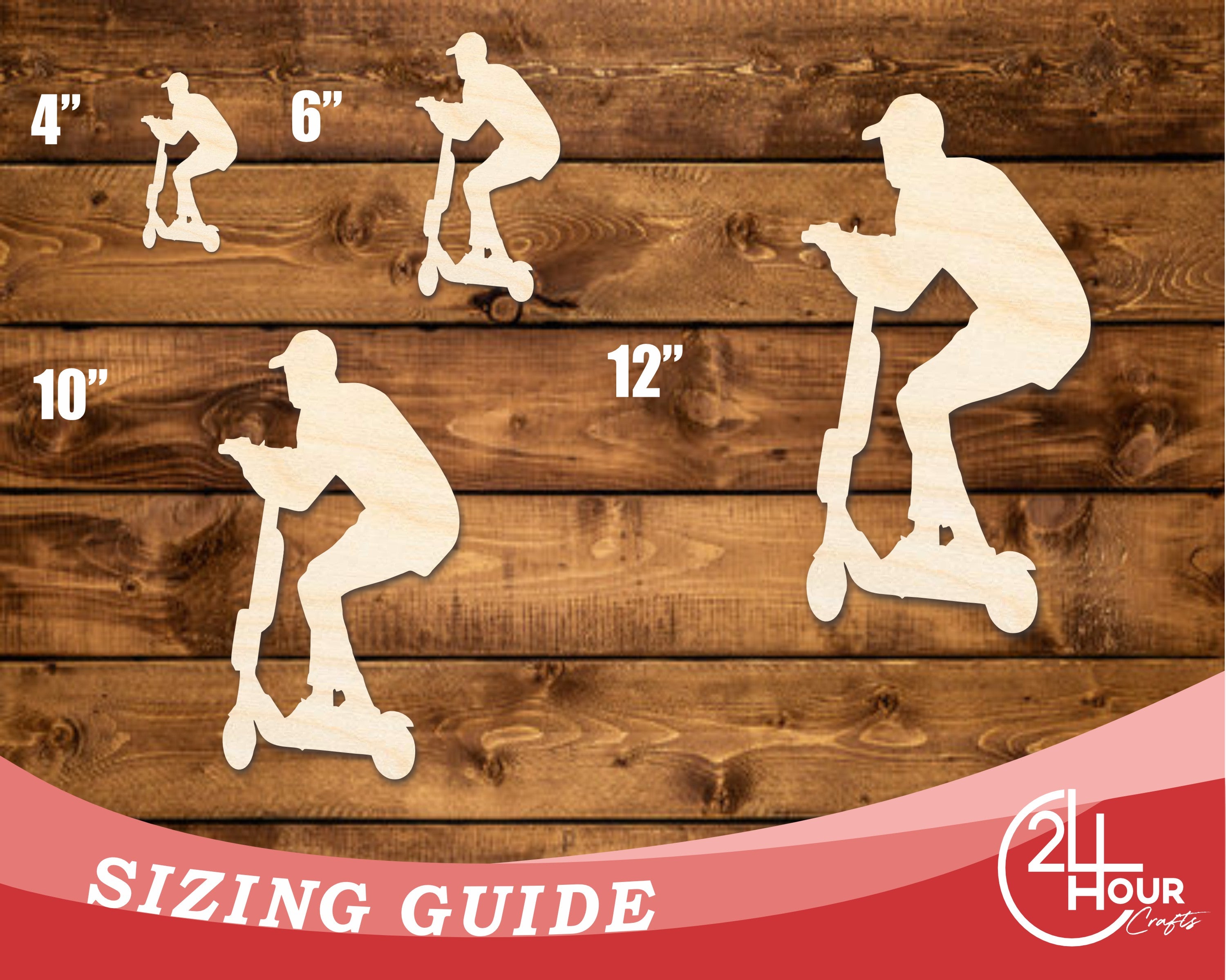 DIY Unfinished Wood Riding Scooter Cutout, Up to 46 Sizes for Crafts
