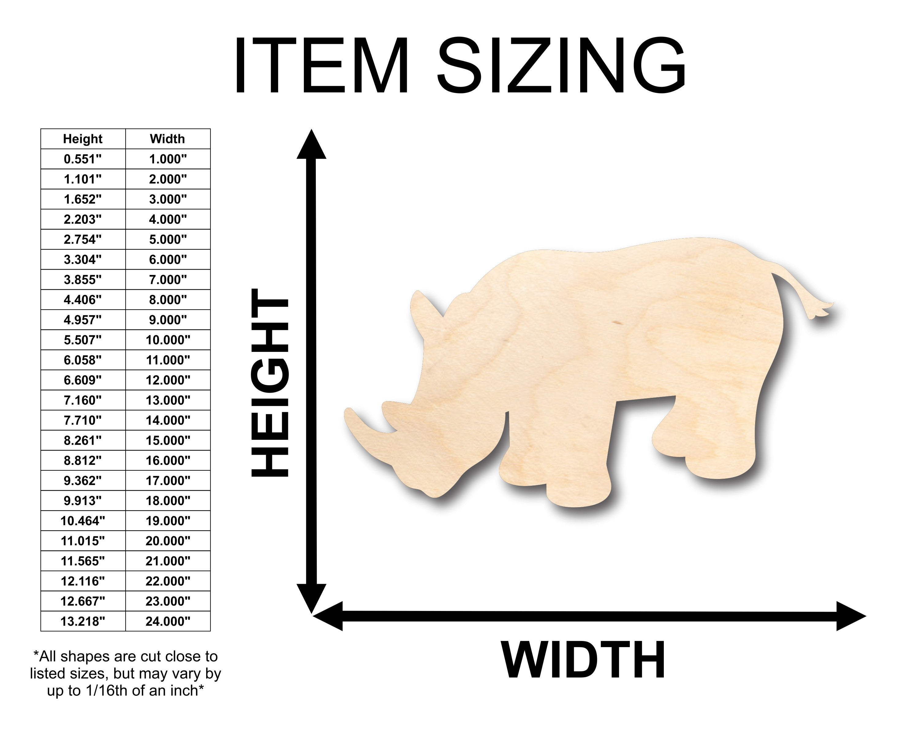 Unfinished Wood African Wildlife Rhinoceros Rhino Shape for DIY Craft Projects - Available up to 46 Inches