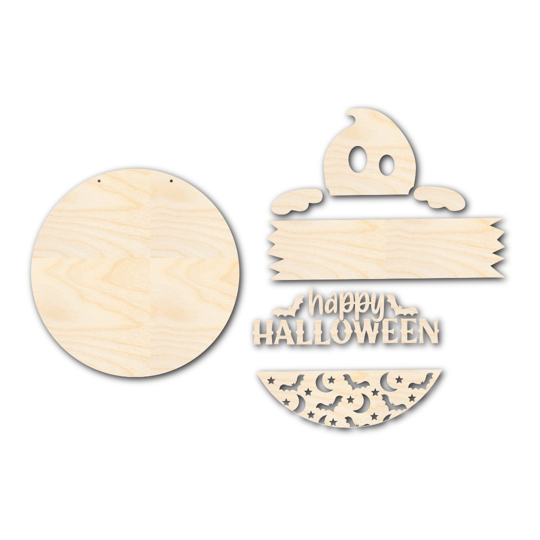 Unfinished Wooden Ghost-Shaped Halloween Door Sign Craft Kit with 1/4-Inch Thick Wood Cutouts