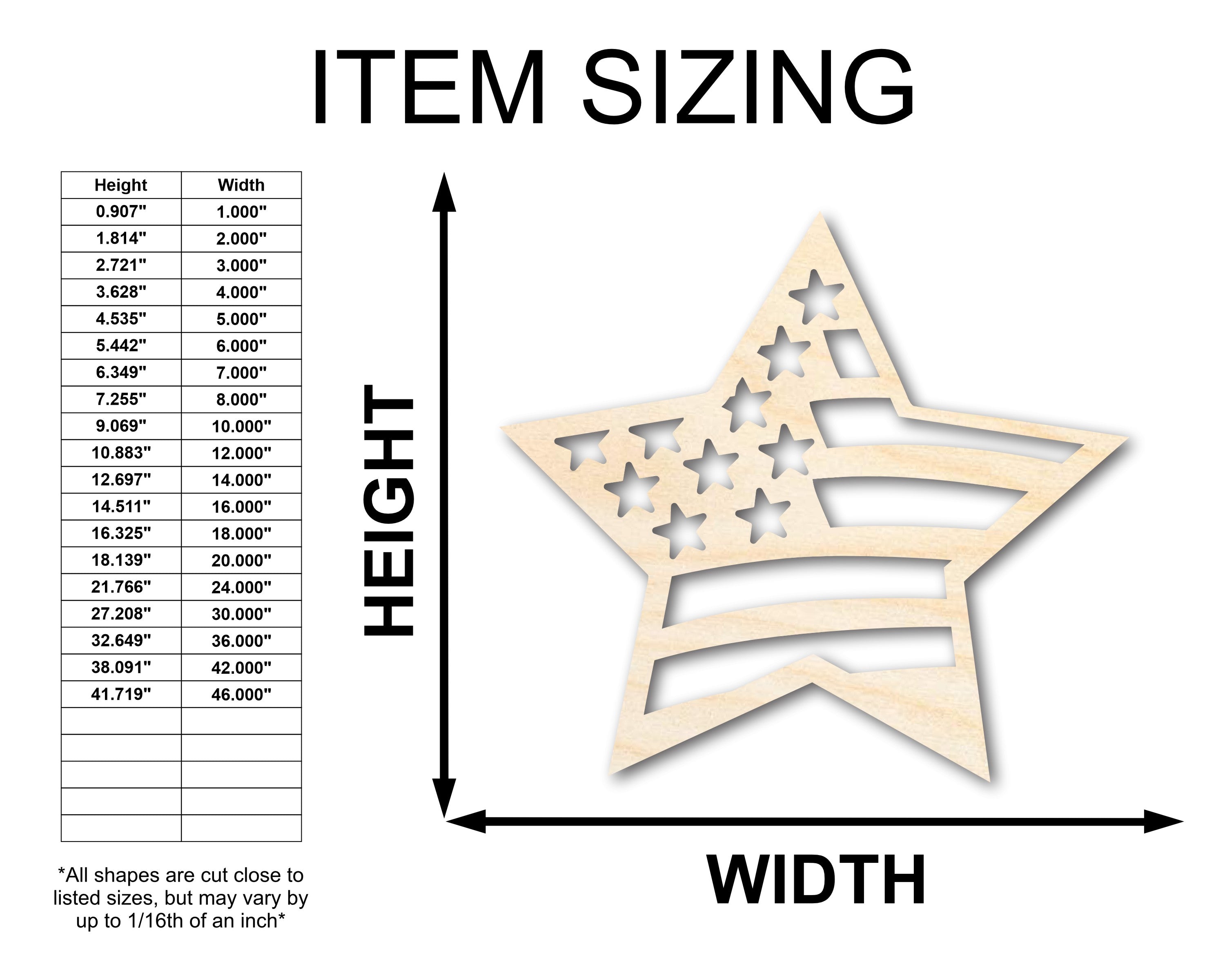 Unfinished USA Wood Star Shape Craft Item - Sizes Up to 46 Inches