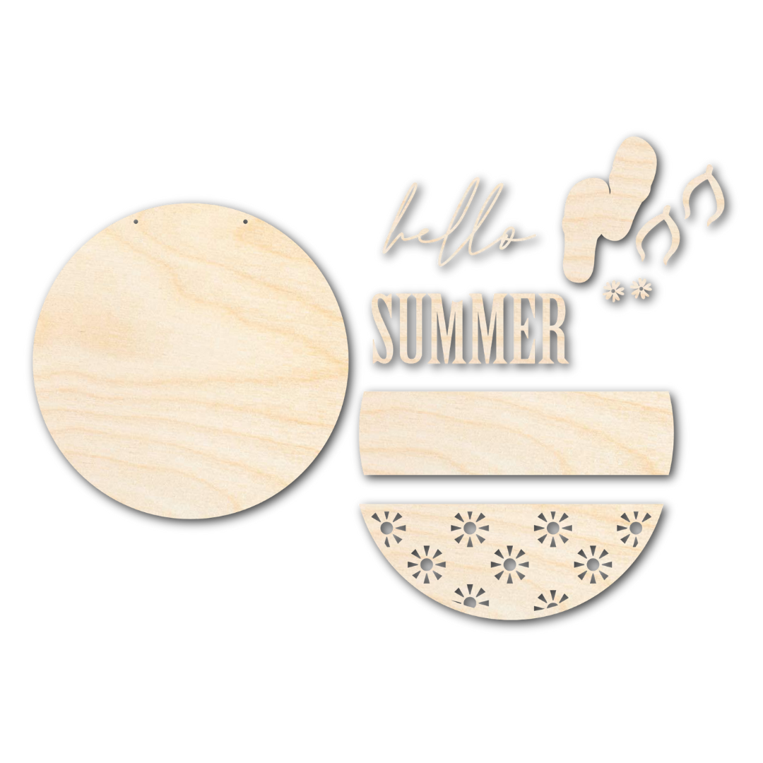 Unfinished Wood Door Sign Kit for Hello Summer | Decorative Wood Craft Cutouts with 1/4 - Inch Thickness