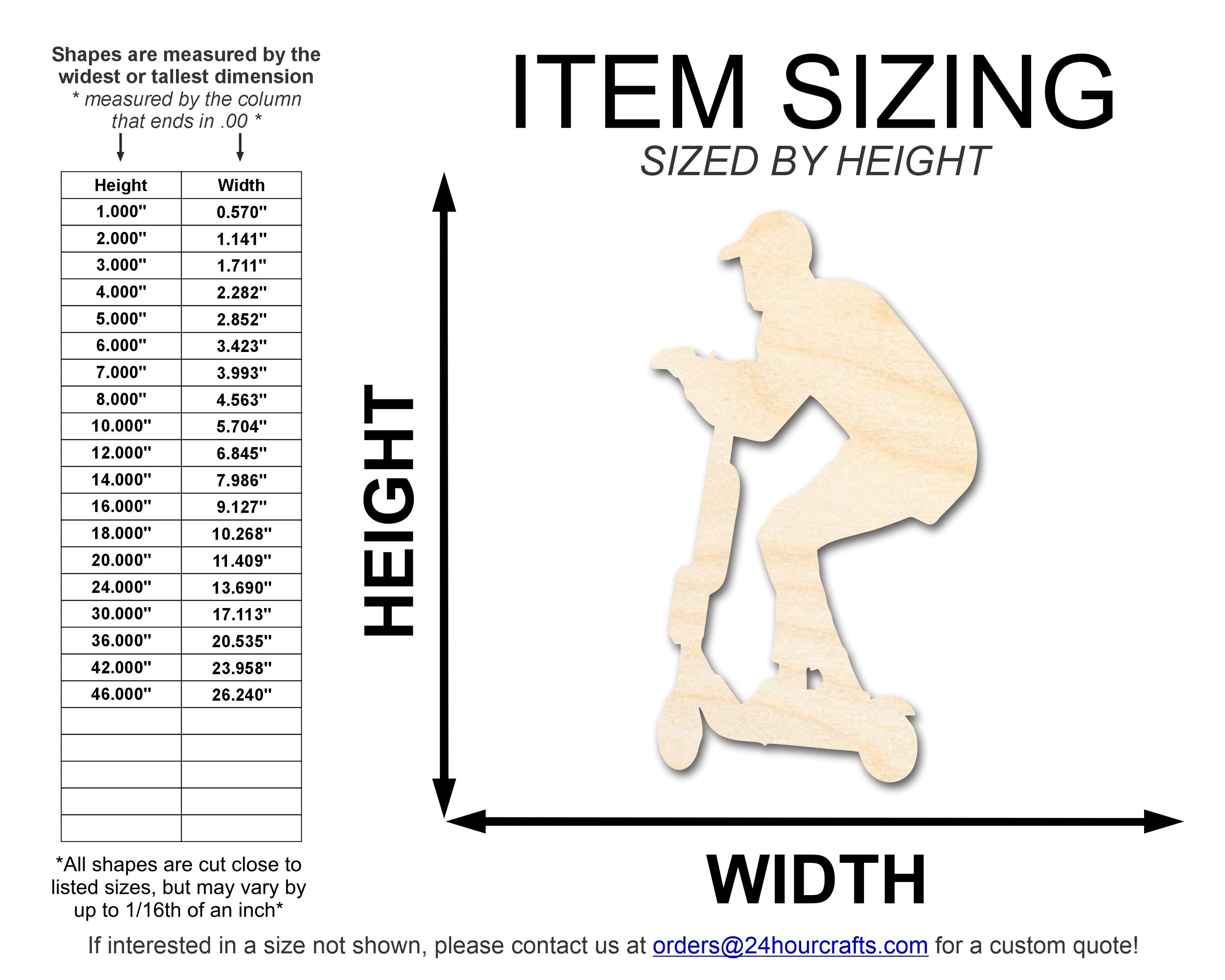 DIY Unfinished Wood Riding Scooter Cutout, Up to 46 Sizes for Crafts