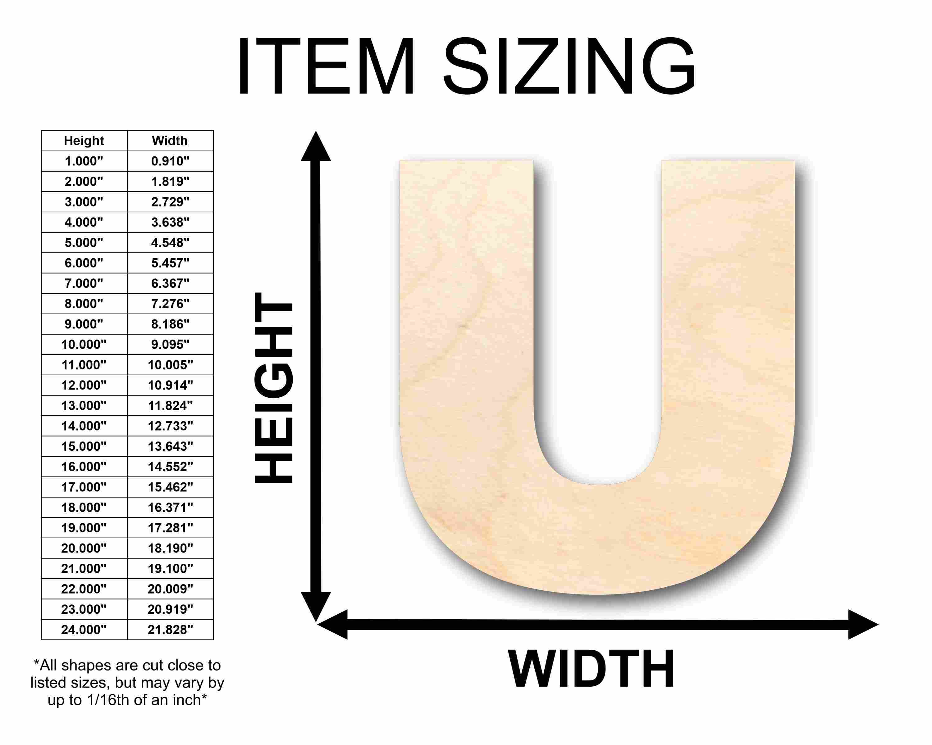 DIY Unfinished Wood Block Letter U - Craft Options up to 46 Sizes