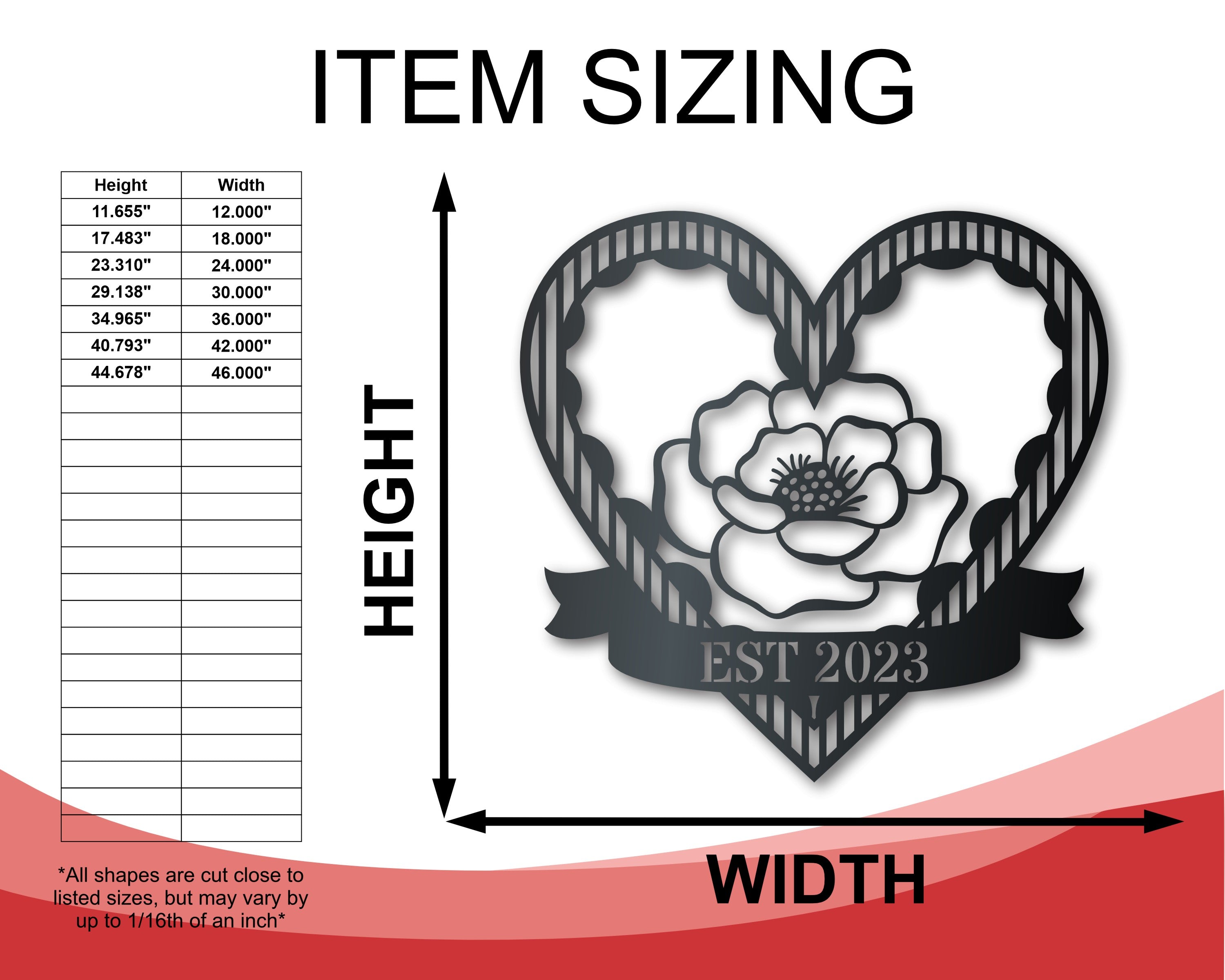 Customizable Metal Rose Heart Wall Art - 14 Color Choices, 12 - 46 Inches