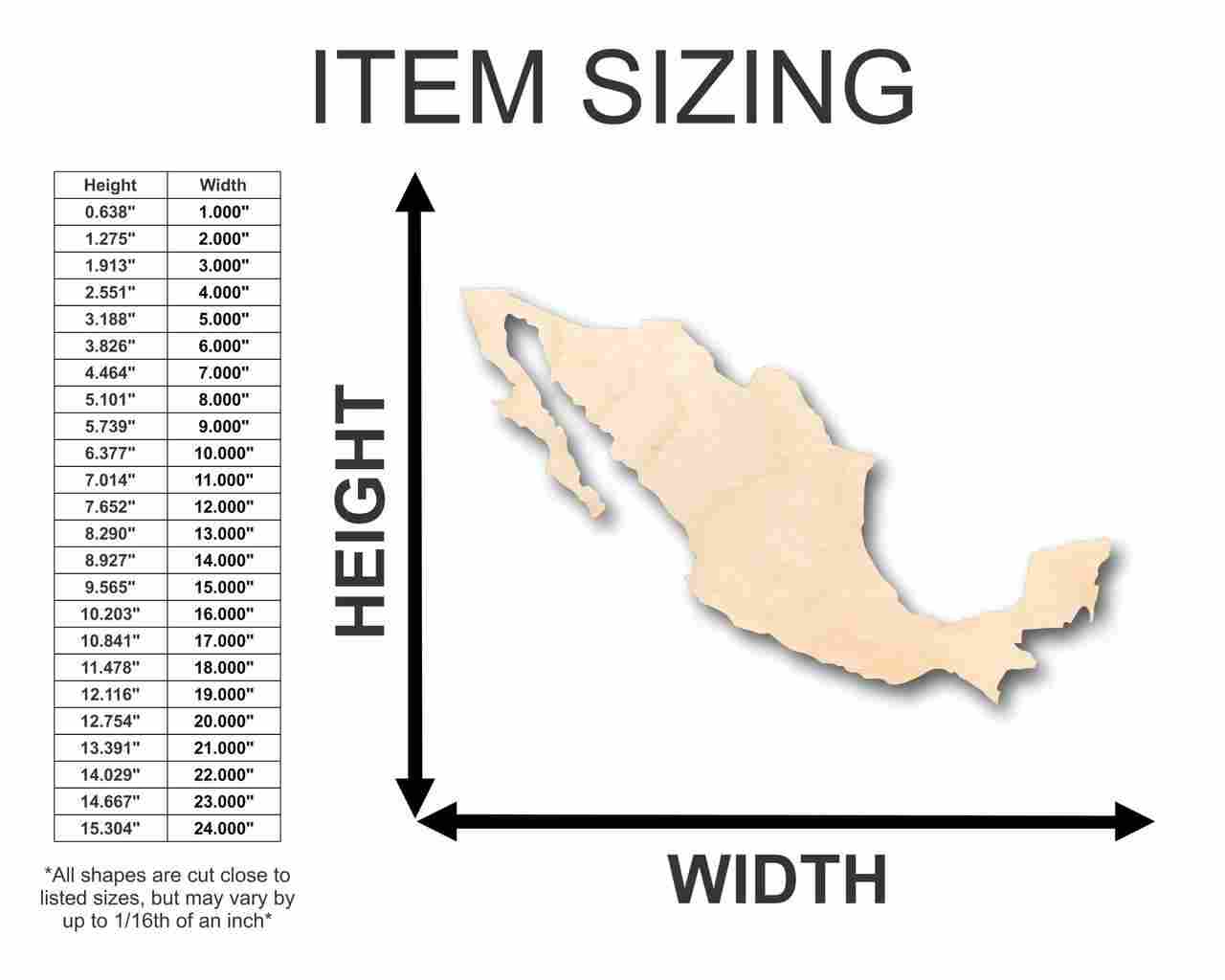 DIY Unfinished Wood Mexico Shape Craft - Up to 46 Sizes Available