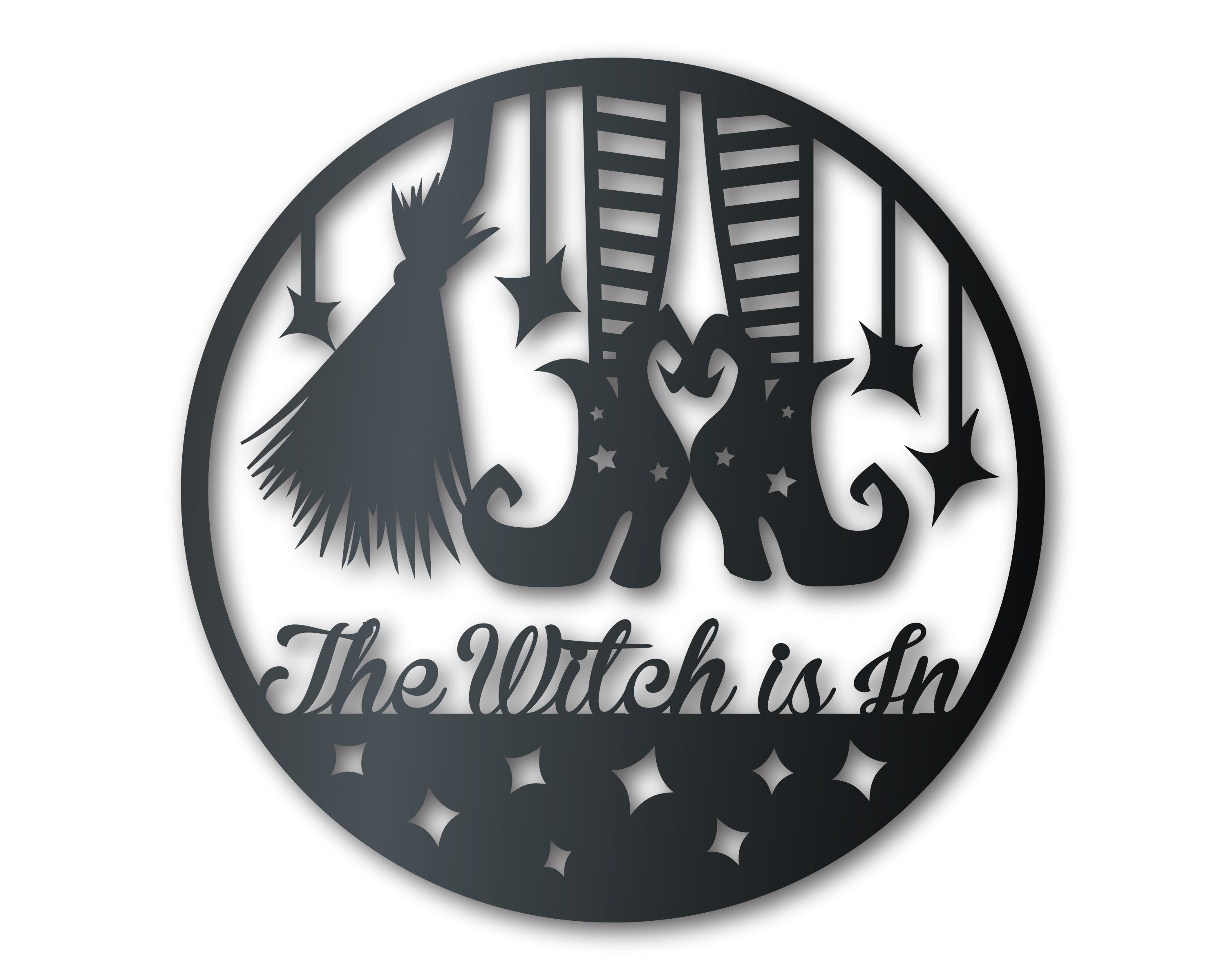 Customizable Metal Wall Art of Witch Feet and Broom for Indoor and Outdoor Halloween Decor with Up to 36 Sizes and Over 20 Color Choices