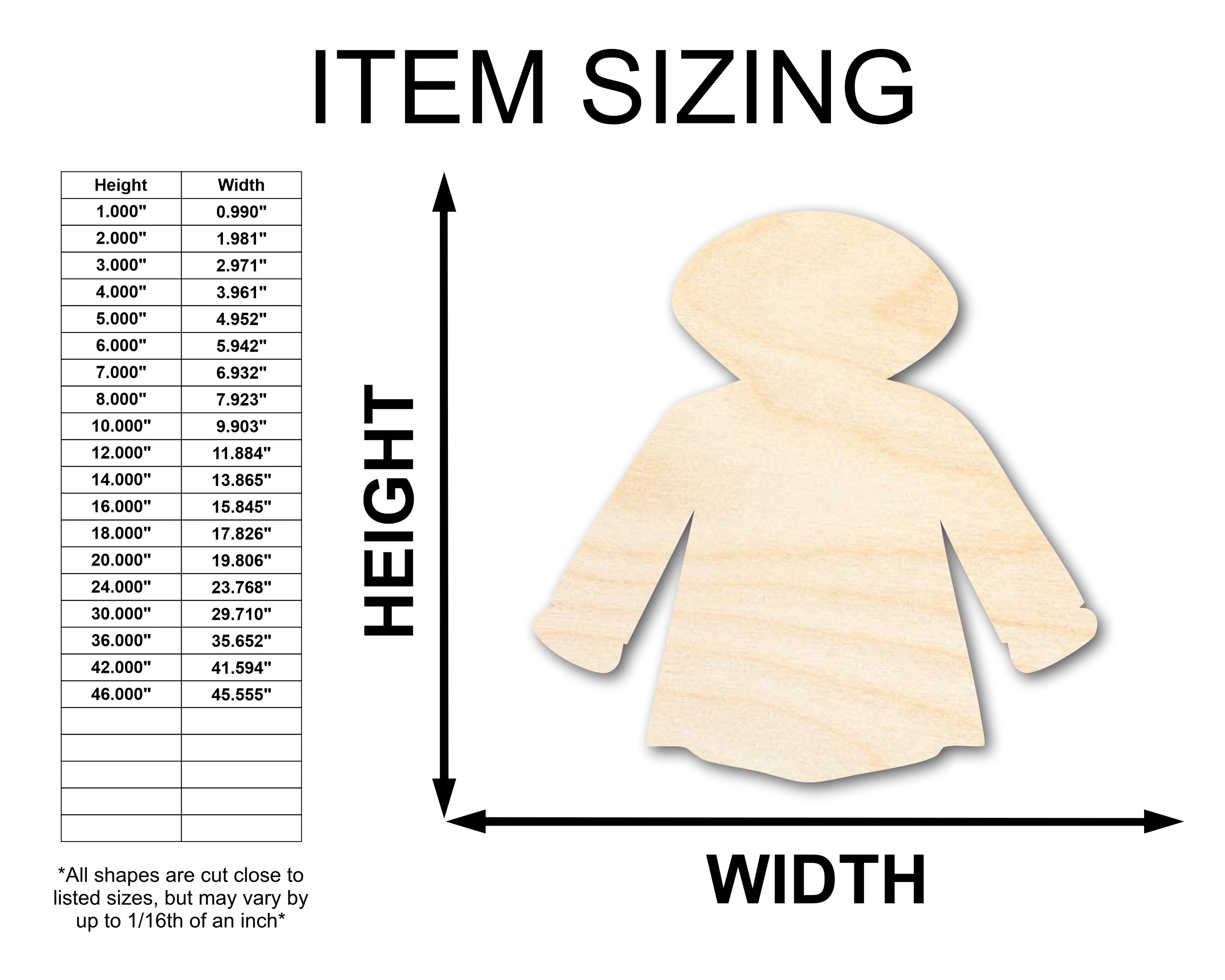 Unfinished Sanded Wood Raincoat Shape Craft - Sizes Up to 46 Inches