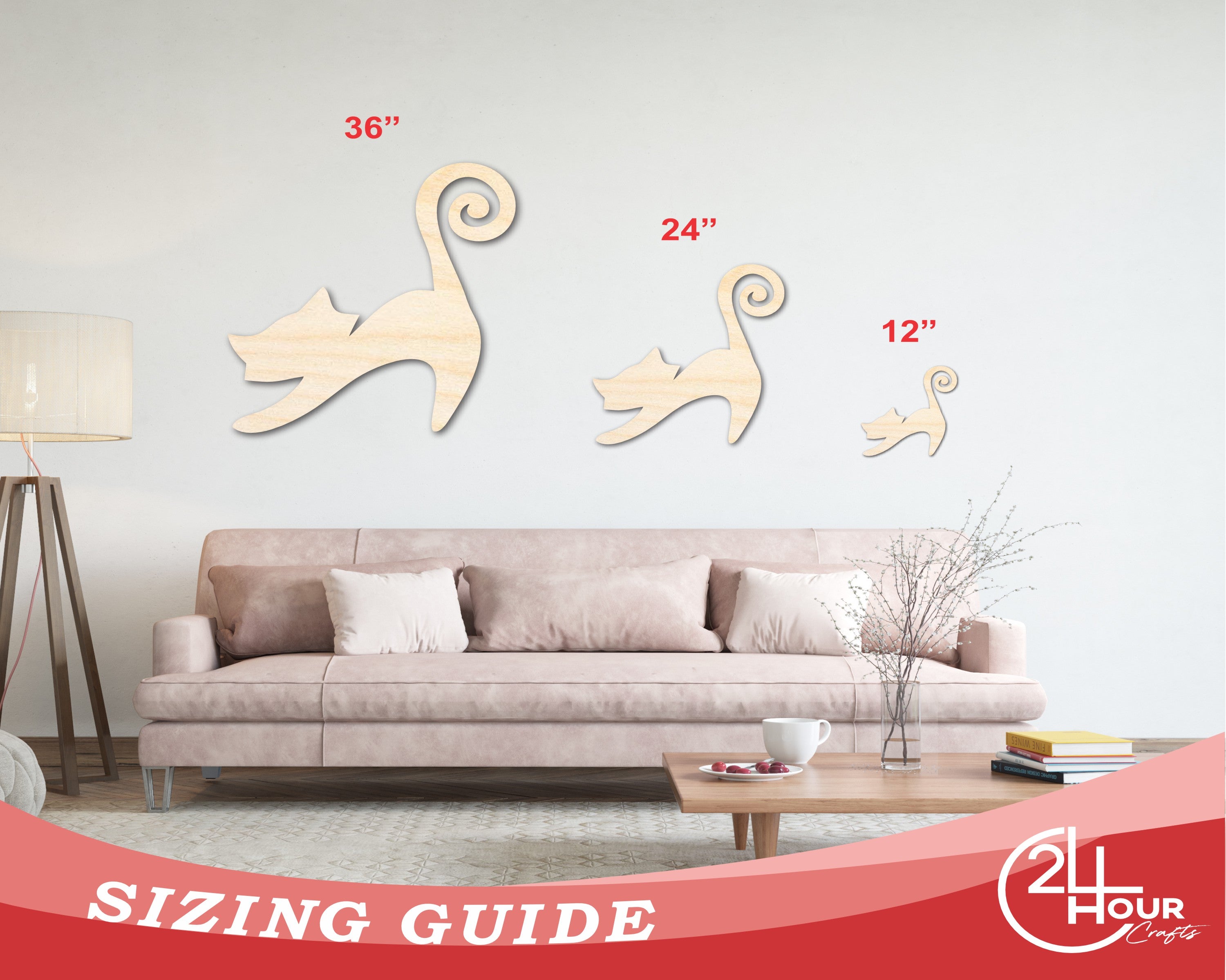 Unfinished Sanded Wood Swirly Cat Shape Crafts up to 36 Inches