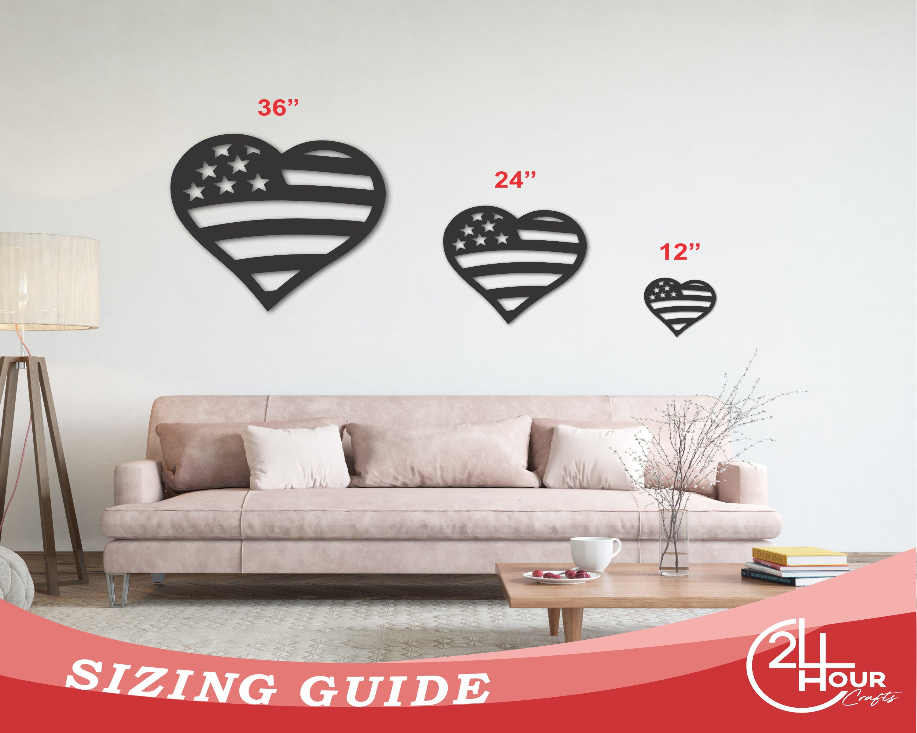 Decorative Metal American Flag Heart Sign for Indoor and Outdoor Use with Up to 46 Inches Size and Over 20 Color Choices