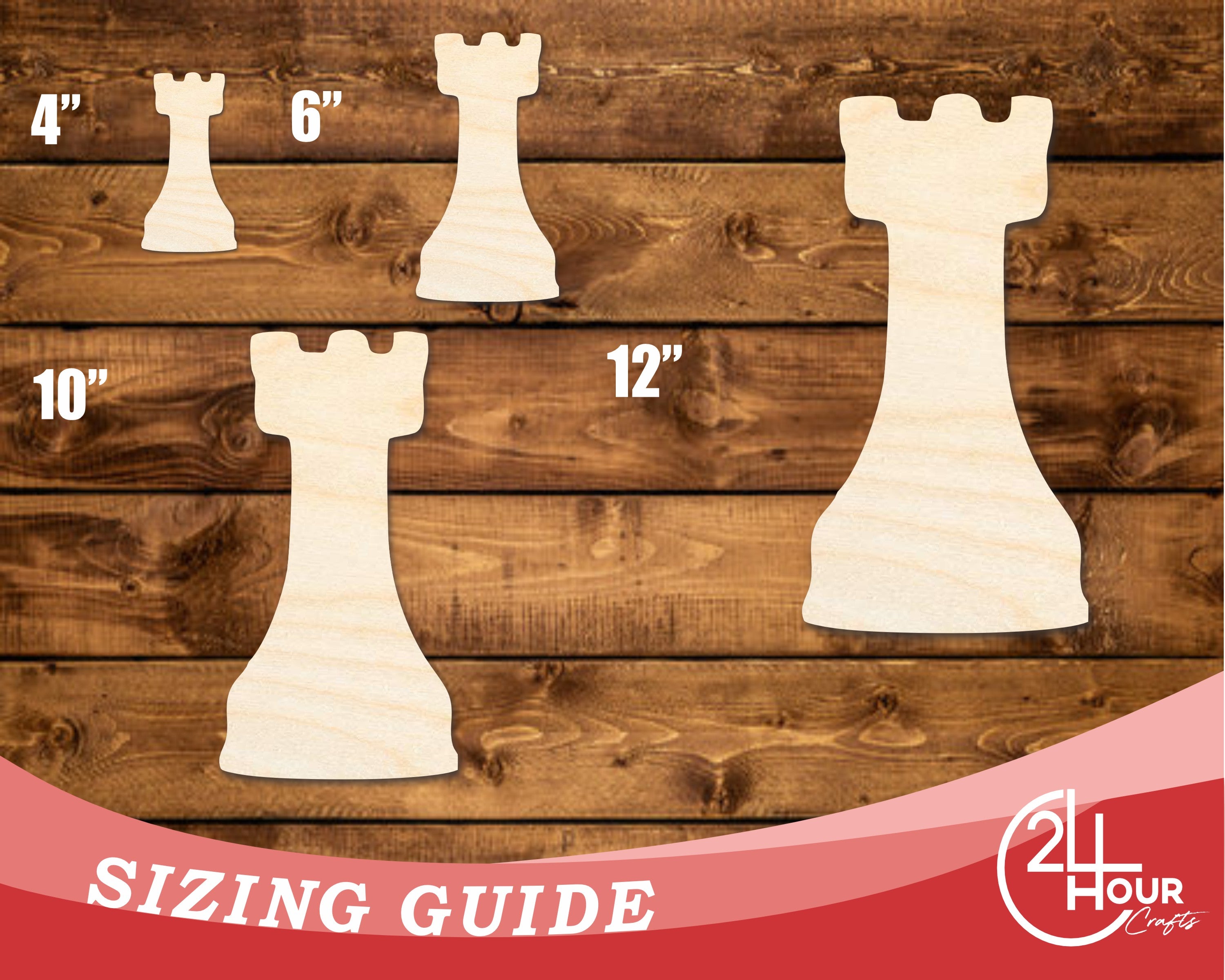 DIY Unfinished Wood Rook Chess Piece Cutouts, Up to 46 Sizes Available