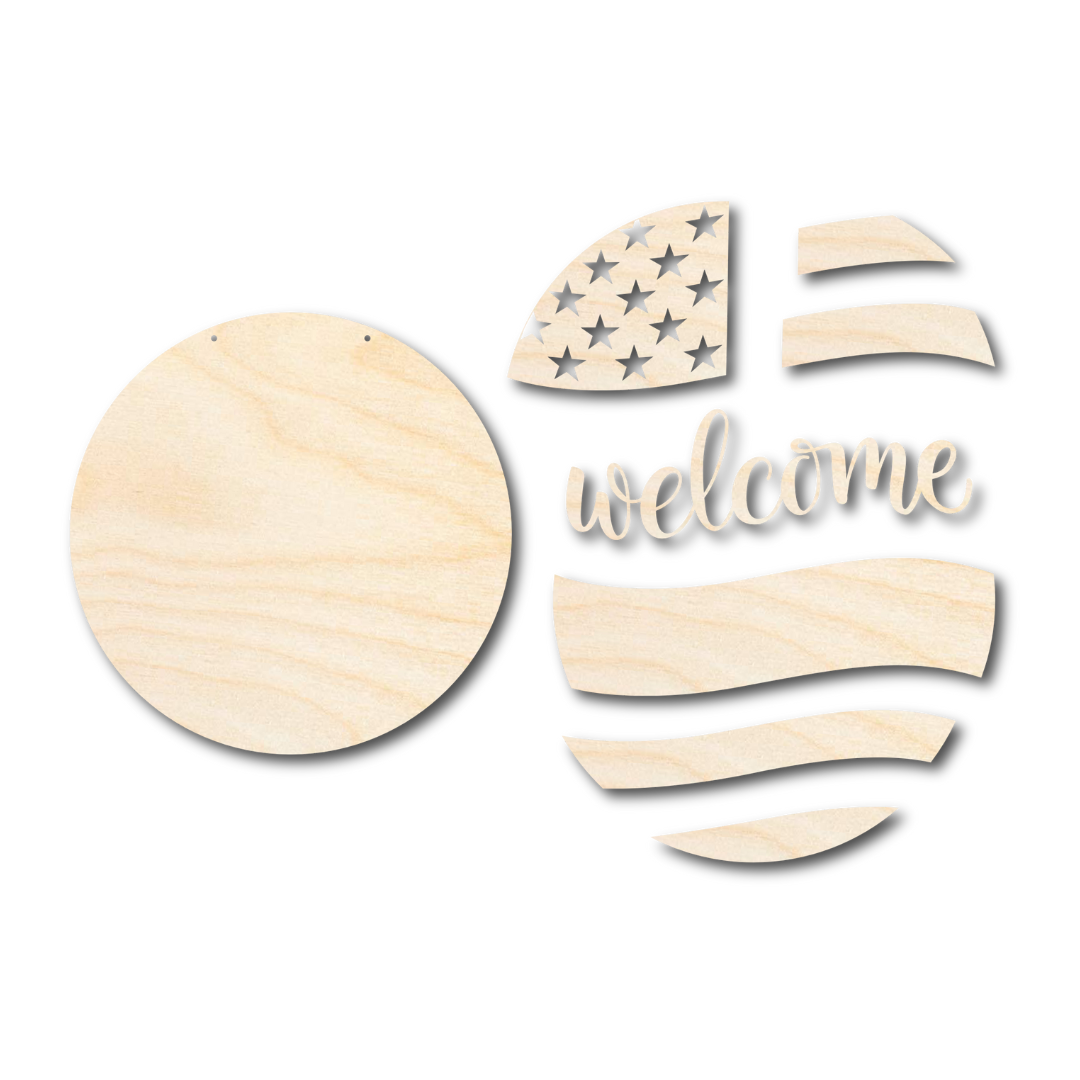 Unfinished Wood DIY Welcome USA Flag Door Sign Craft Kit - 1/4 Inch Thick Wood Craft Cutouts for Decorative Use