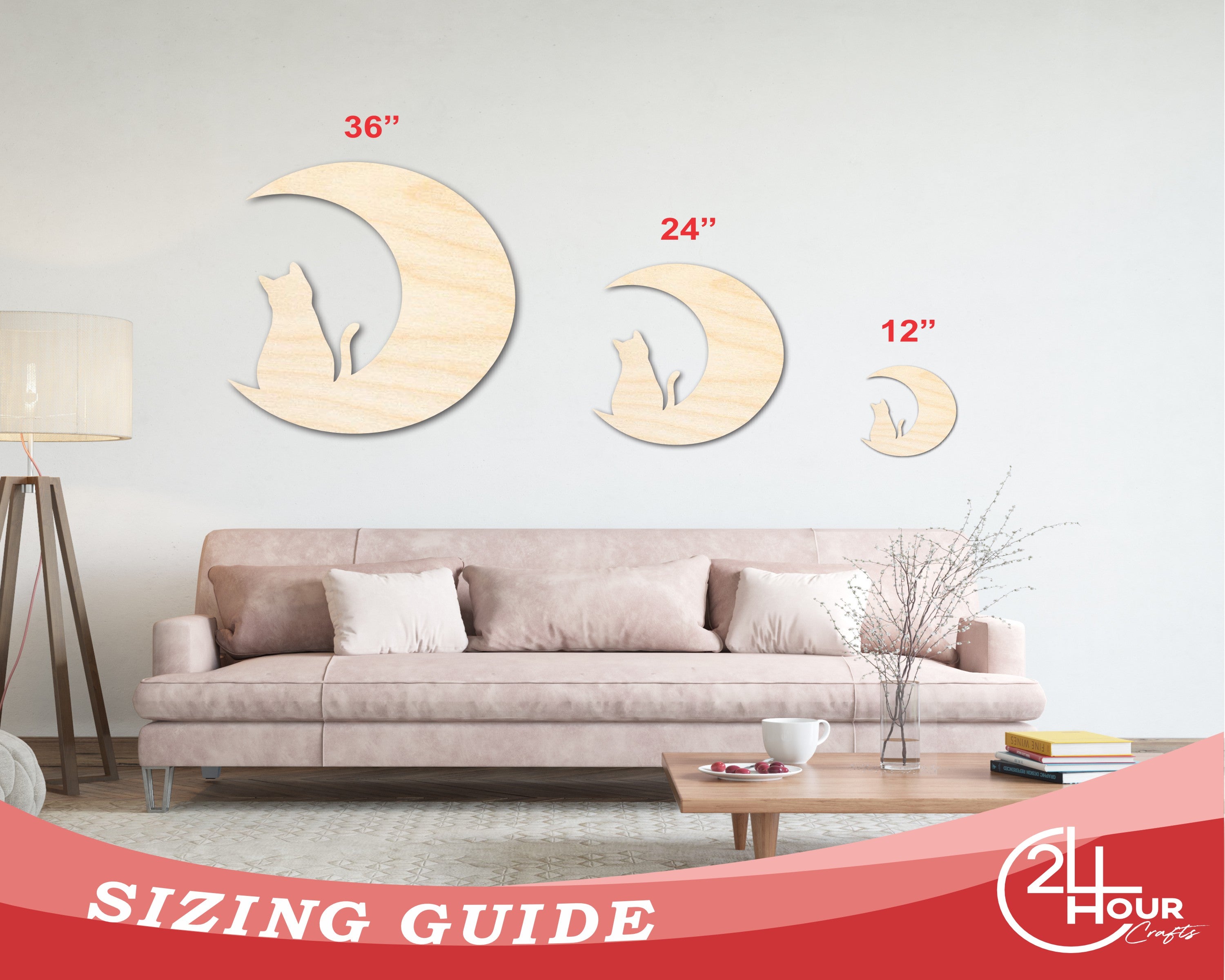 Unfinished Wood Craft - Cat and Moon Silhouette Shape with Sizes up to 46 Inches