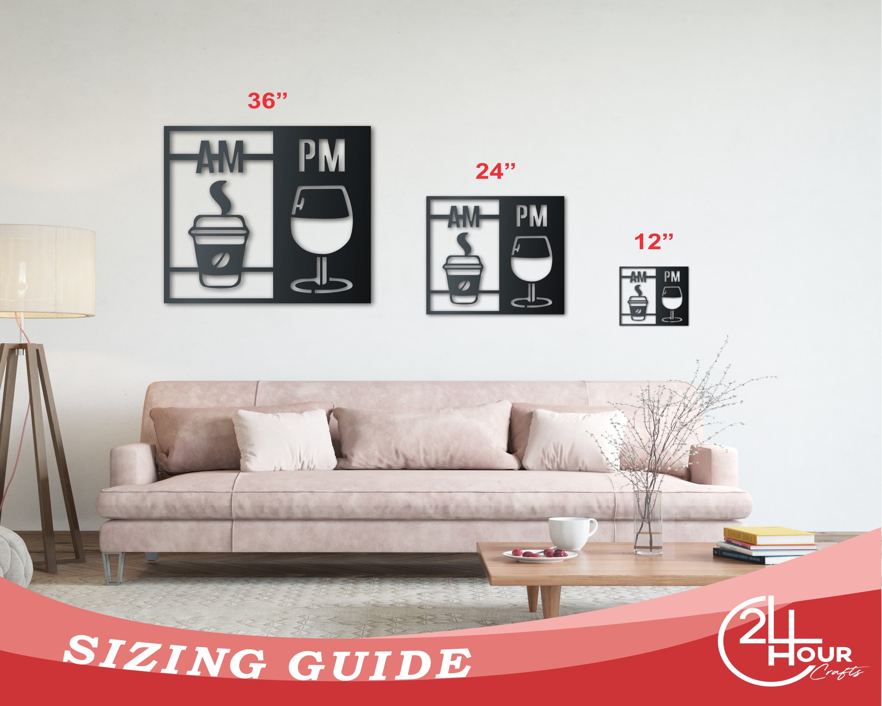 46-Inch Coffee & Wine AM-PM Metal Wall Art with 20+ Color Options for Indoors/Outdoors