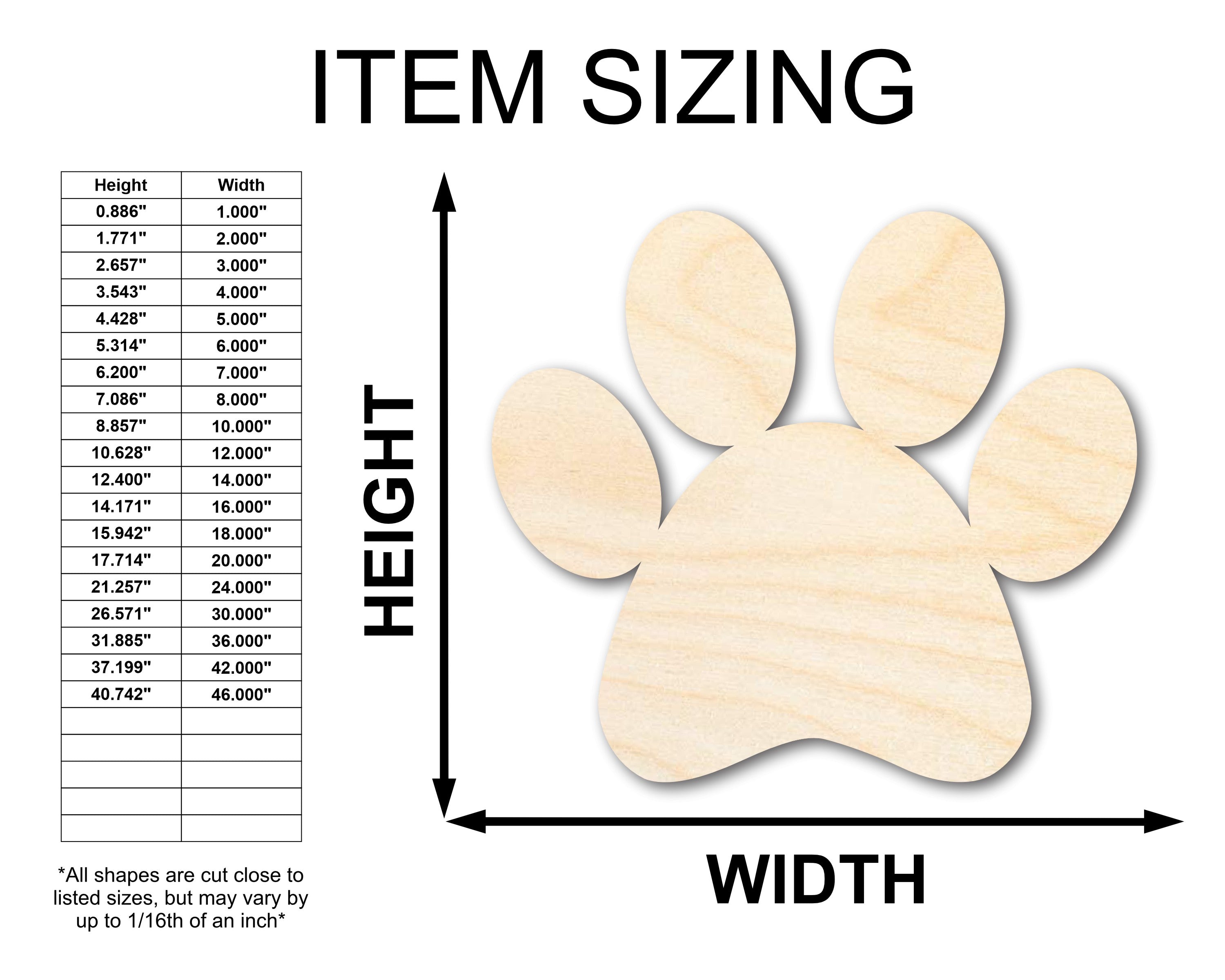 Unfinished Wood Paw Print Shape Ideal for Pet Crafts, Sizes up to 46 Inches
