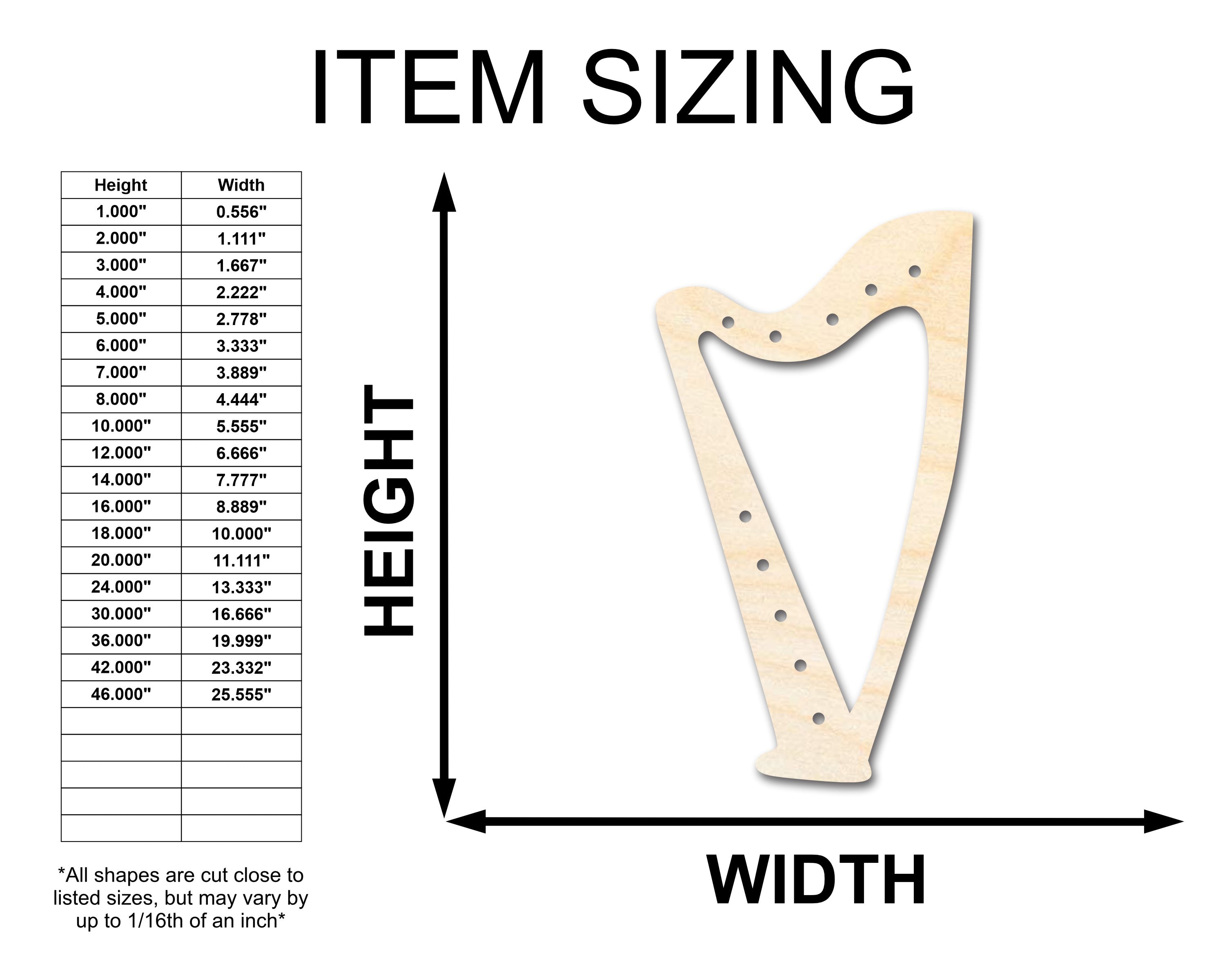 Unfinished Baltic Birch Wood Harp Shape with Customizable Holes, Up to 46