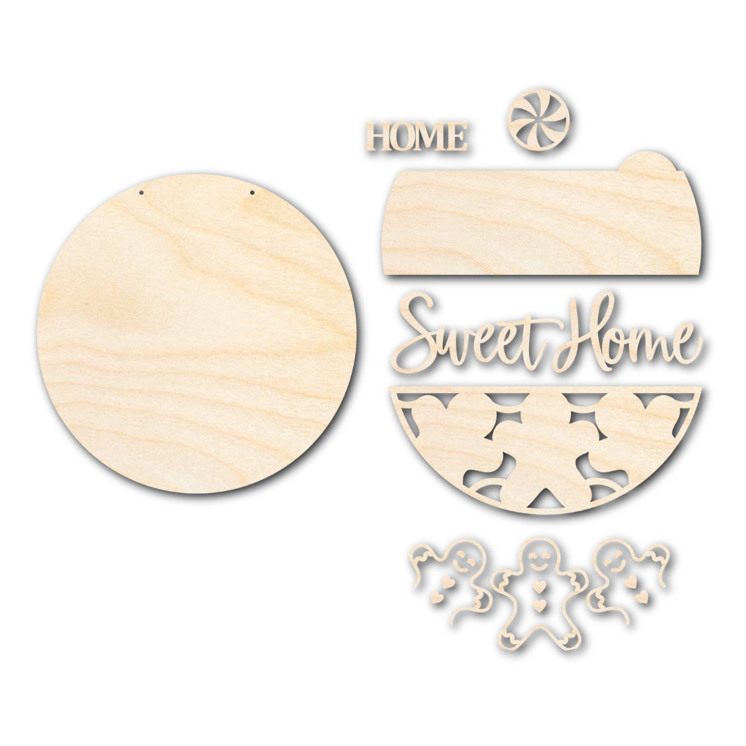 Unfinished Wood Door Sign Kit in Gingerbread Home Sweet Home Design | 1/4-Inch Thick Wood Craft Cutouts