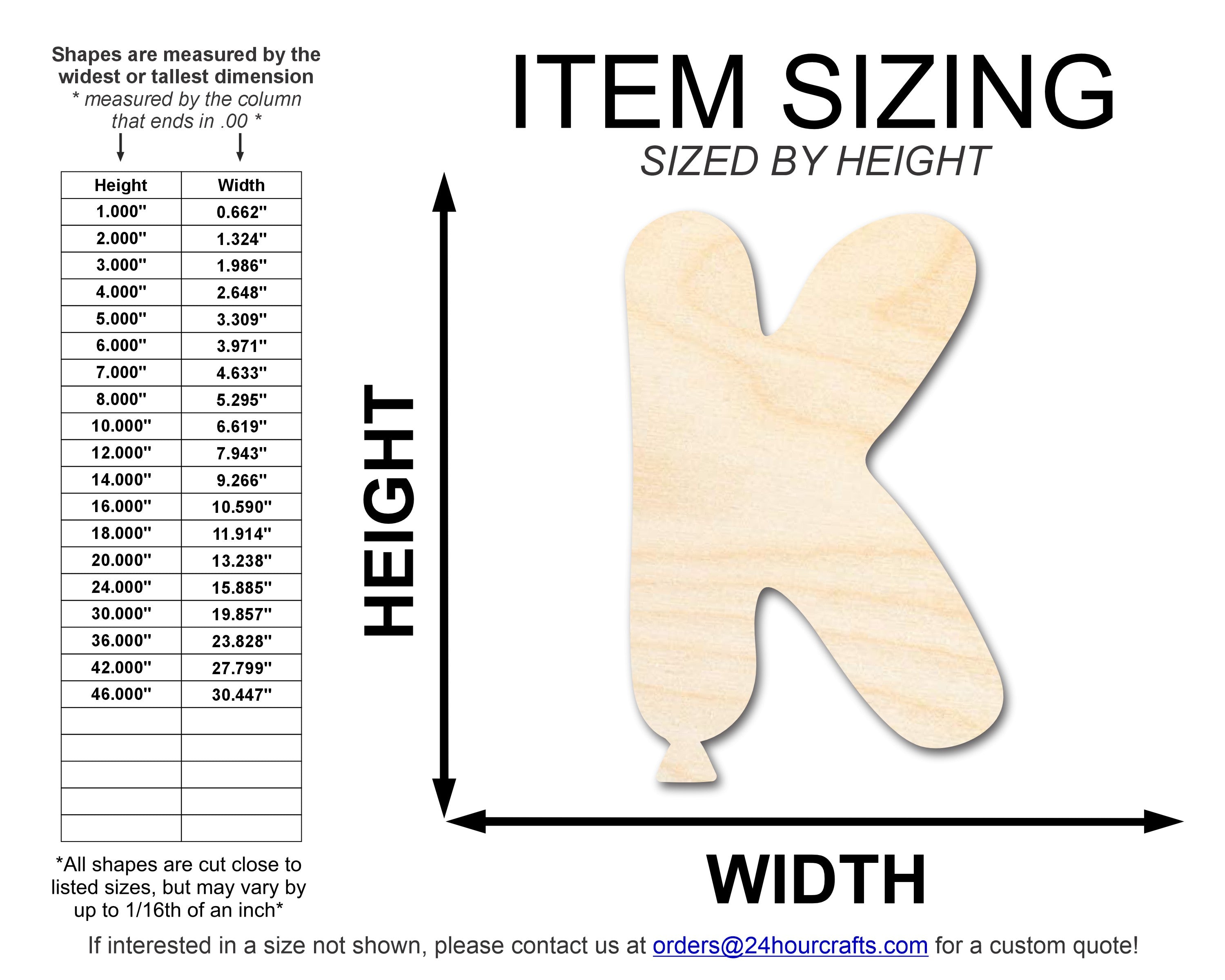 Unfinished Baltic Birch Wood Balloon Letter K Shape DIY Craft Cutout with Up to 46 Sizes for Multiple Crafts