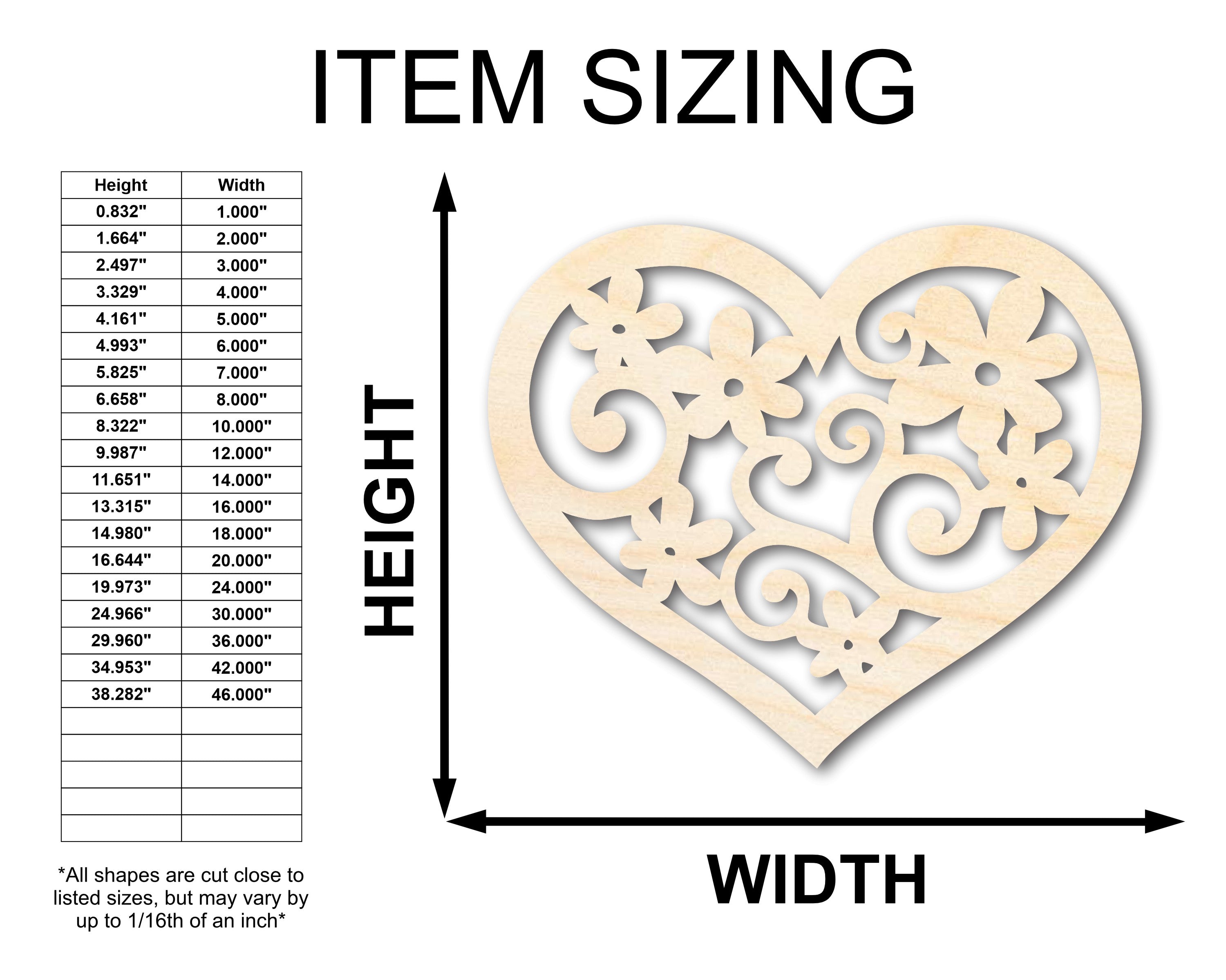 Unfinished Heart - Shaped Wood Flower Crafts for DIY Projects, Sizes Up to 46 Inches