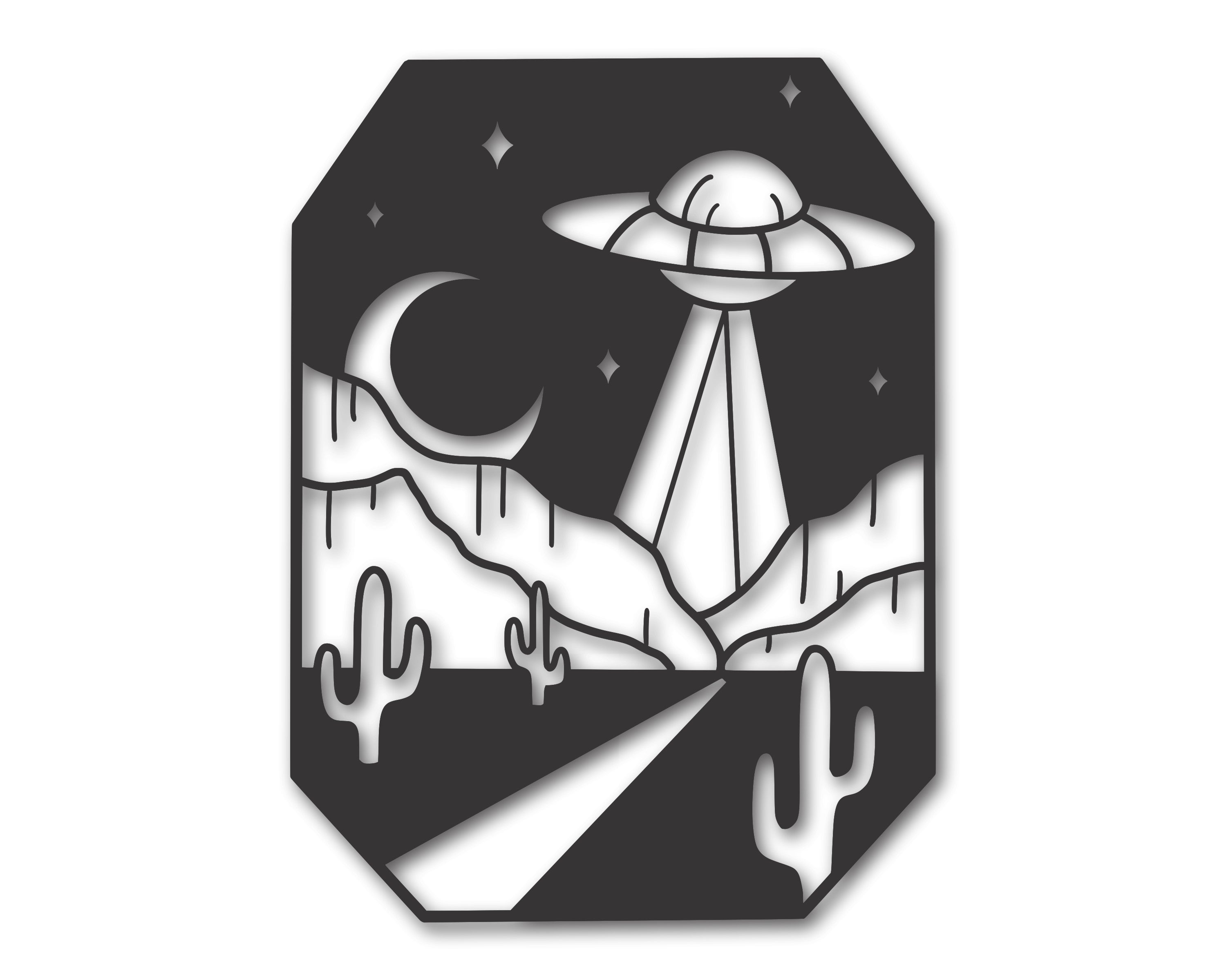 Decorative Metal Wall Art Featuring a UFO Flying Over the Desert