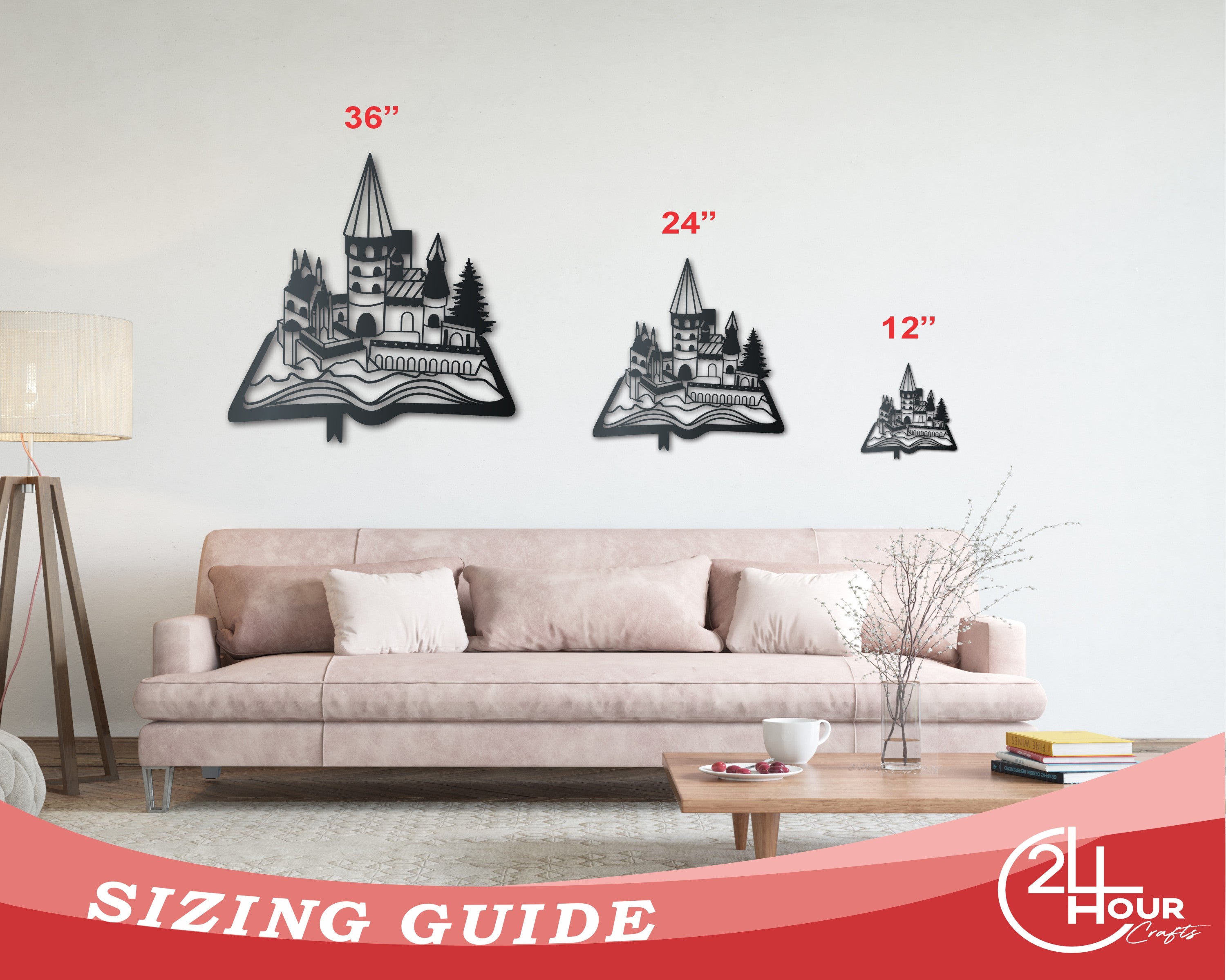 Indoor and Outdoor Decorative Metal Storybook Castle Wall Art with Up to 36 - Inch Size and Over 20 Color Choices