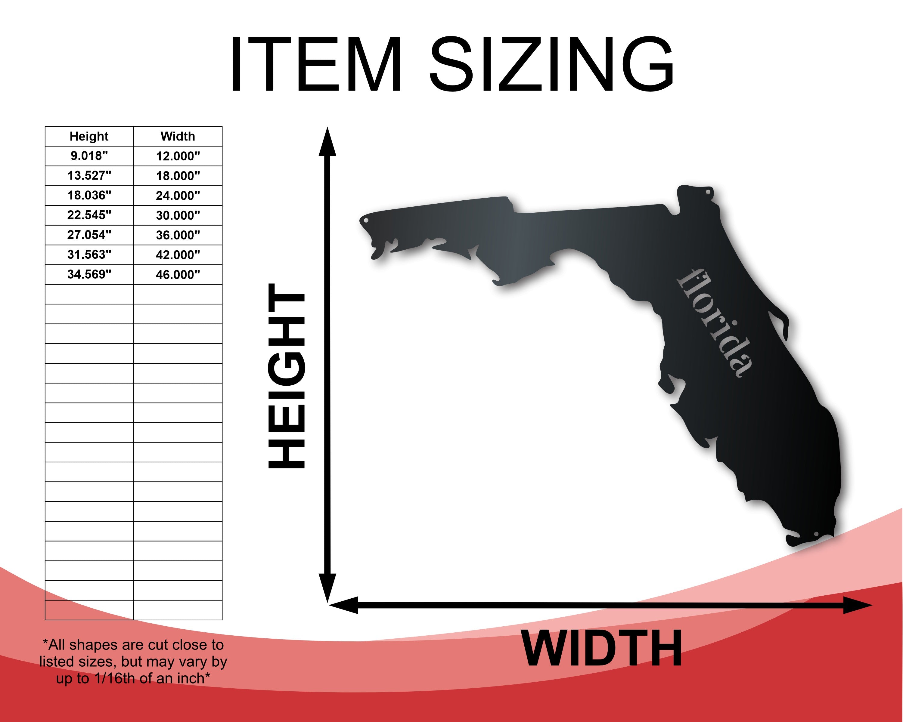 Customizable Metal Florida Wall Art - 14 Color Choices, 12 - 46 Inches