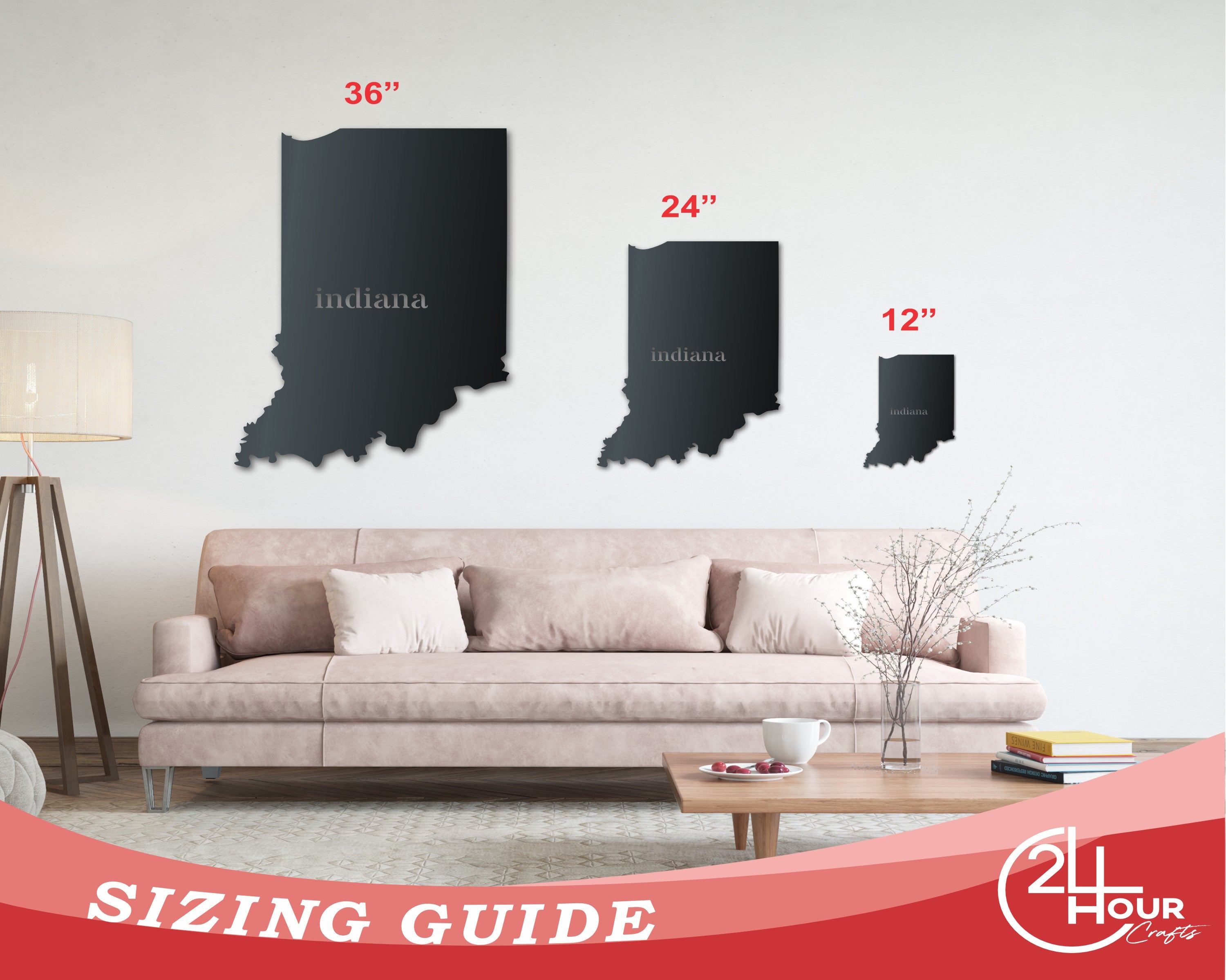 Customizable Metal Indiana Wall Art - 14 Color Choices, 12 - 46 Inches