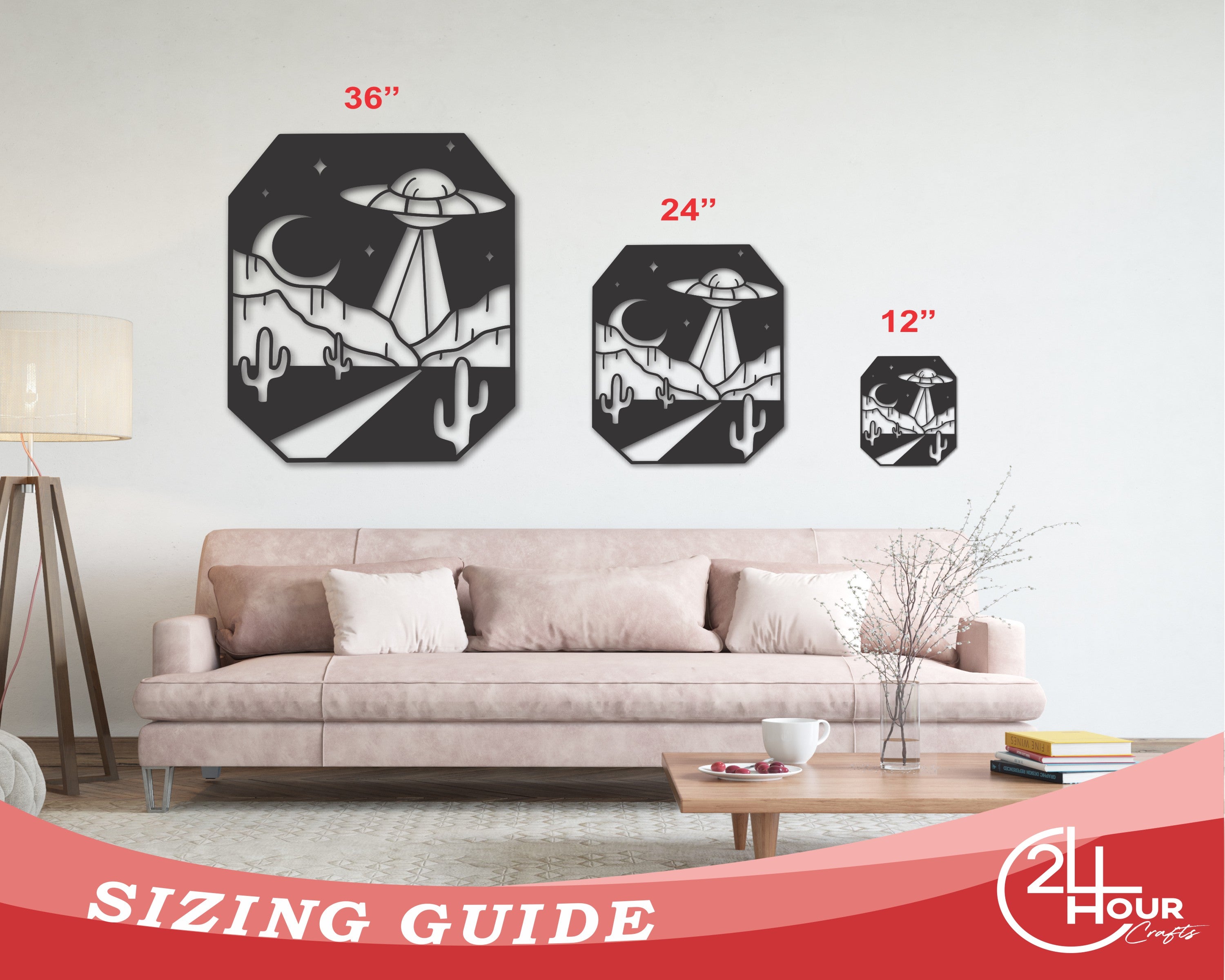 Decorative Metal Wall Art Featuring a UFO Flying Over the Desert