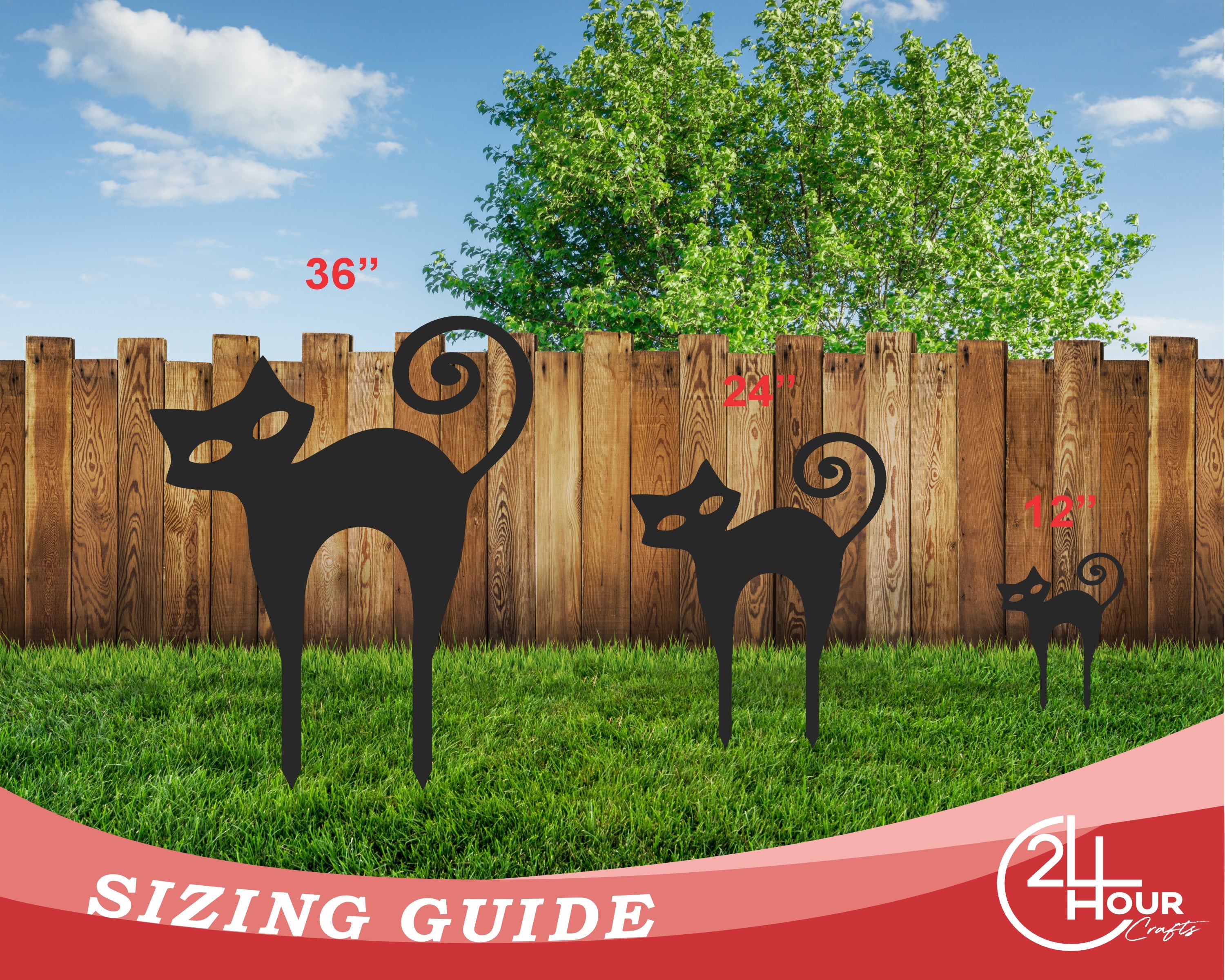Metal Outdoor Halloween Cat Garden Decorative Stakes - Set of Three with Up to 46 Inches Height and More Than 20 Color Choices