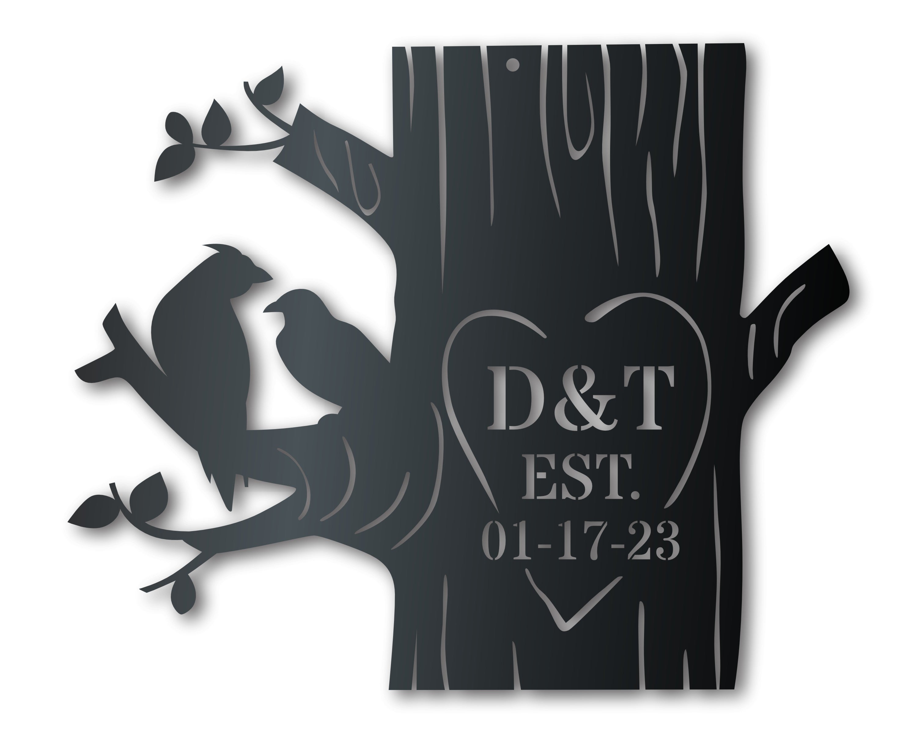Customizable Metal Wall Art Sign Featuring Love Birds Carved on a Tree with 14 Different Color Options