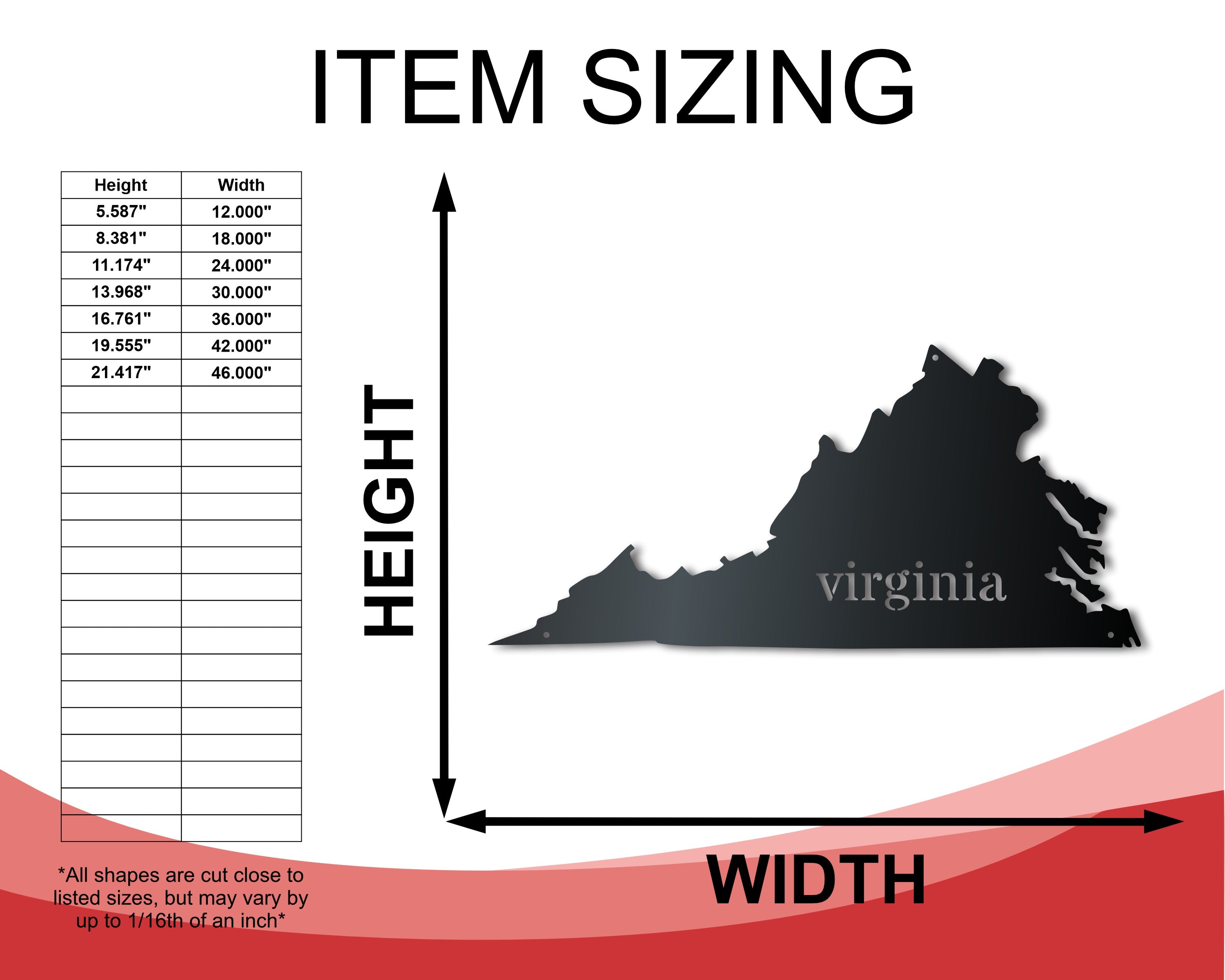 Customizable Metal Virginia Wall Art - 14 Color Choices, 12 - 46 Inches